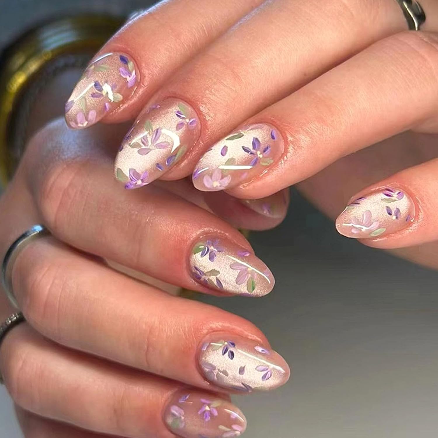 Short Press On Almond Fake Nails - Flower Acrylic Fall Nails Press Ons Full Cover Glue On Cute False Floral Stick On Nails for Women - 30 Pcs : Beauty & Personal Care
