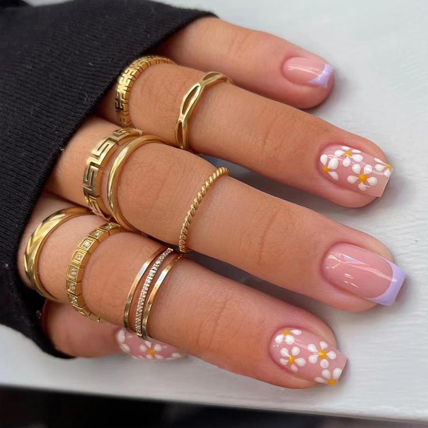 Square Press on Nails Short Sea Blue Fake Nails Glossy Acrylic Nails Press ons Full Cover False Nails with Golden Glitter Designs Glue Stick on Nails for Women Girls 24 Pcs : Beauty & Personal Care