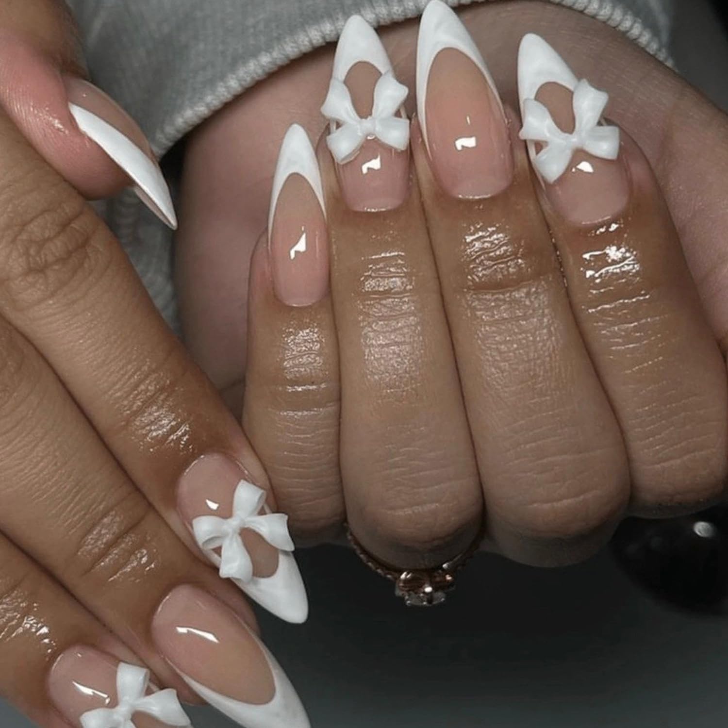 YKZFUI French Tip Press on Nails with Charms. Medium. Cute Bow. Long Square Shape. Acrylic Fake Stick On Nails with Heart and Rhinestones for Women Daily Wear. White : Beauty & Personal Care