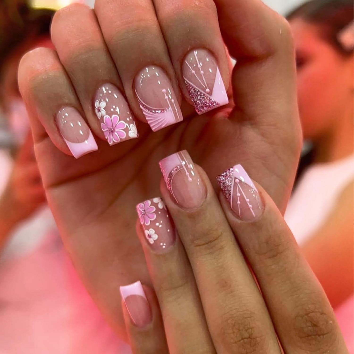 YOSOMMK Press on Nails Short Square Fake Nails with Flower Designs Nude Pink Glossy Full Cover Stick on Nail Bling Sequins Acylic Nail for Women and Girls : Beauty & Personal Care
