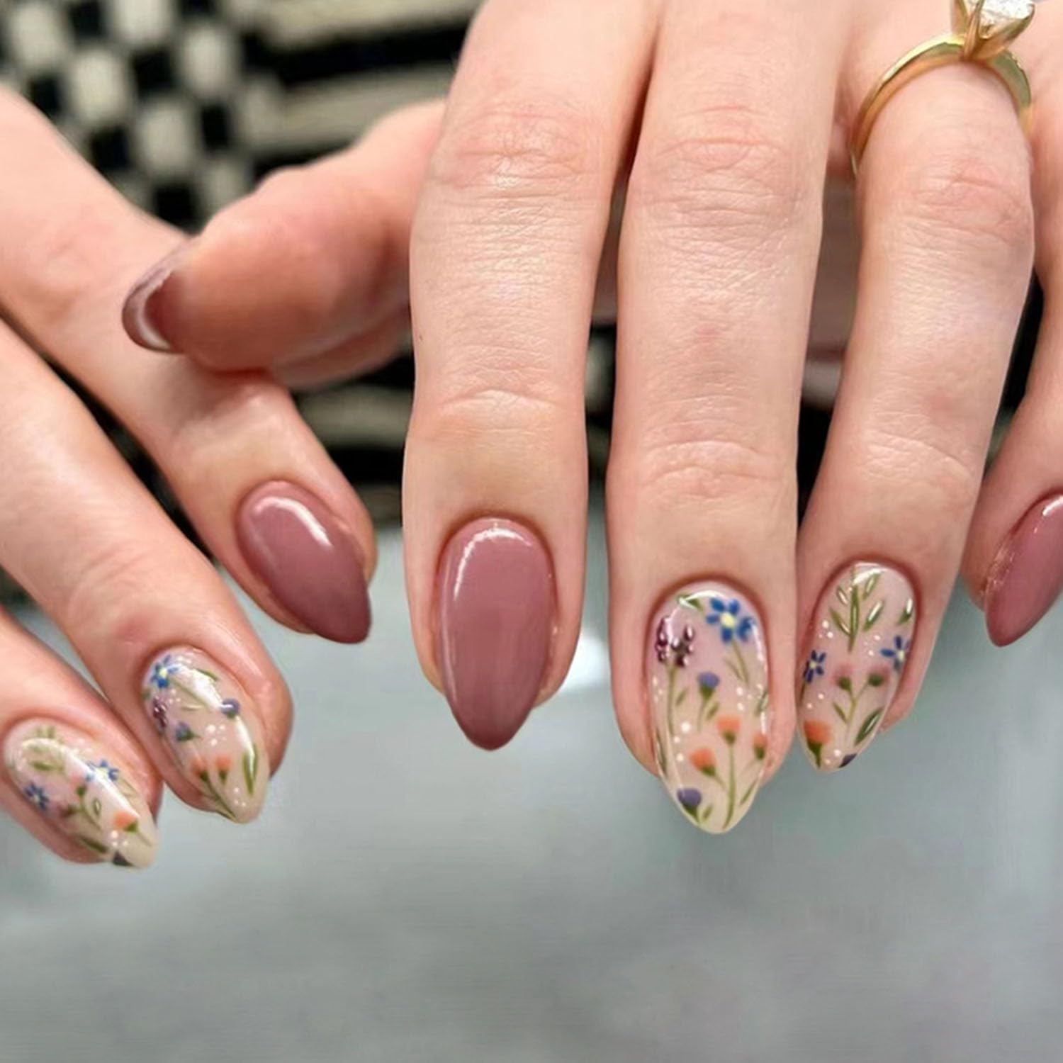 Short Press On Almond Fake Nails - Flower Acrylic Fall Nails Press Ons Full Cover Glue On Cute False Floral Stick On Nails for Women - 30 Pcs : Beauty & Personal Care