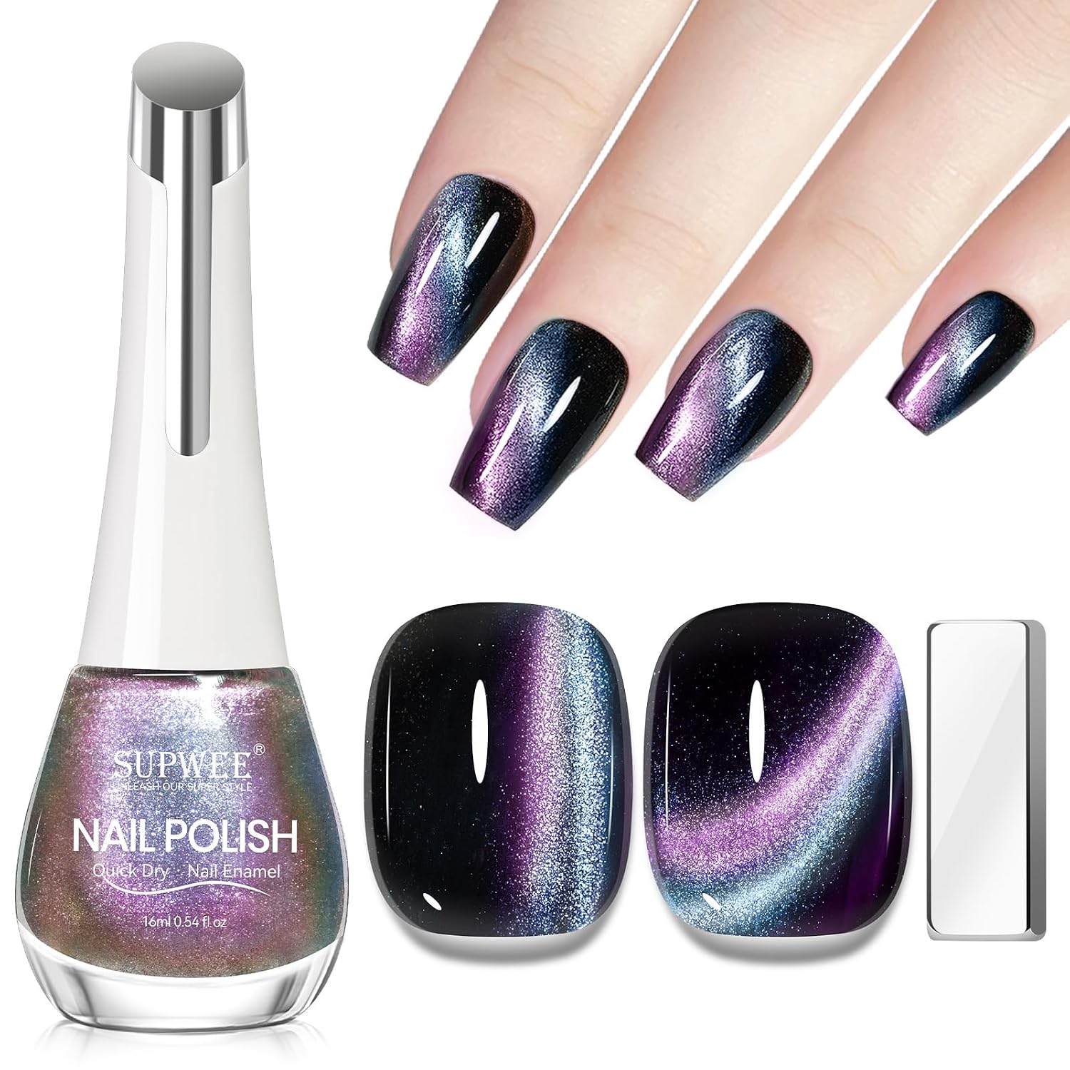 SUPWEE Cat Eye Nail Polish Non Gel with Magnet- Need to Use Black Base. Quick Dry Cateye Magnetic Nail Polish for Fingernail Air Drying Fast Lacquer Manicure Gift For Women Girls 16ml. 0.54fl oz : Beauty & Personal Care