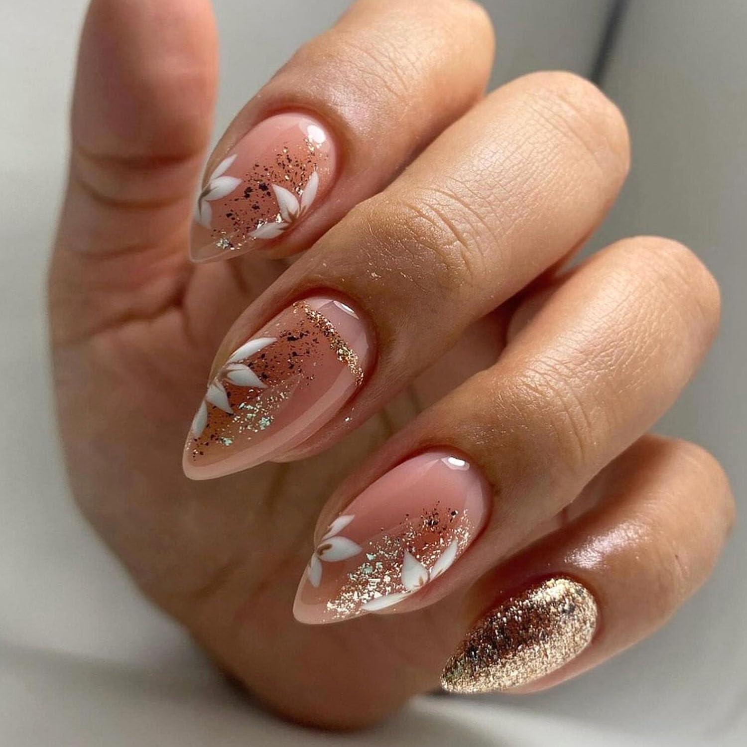 Short Press On Almond Fake Nails - Flower Acrylic Fall Nails Press Ons Full Cover Glue On Cute False Floral Stick On Nails for Women - 30 Pcs : Beauty & Personal Care