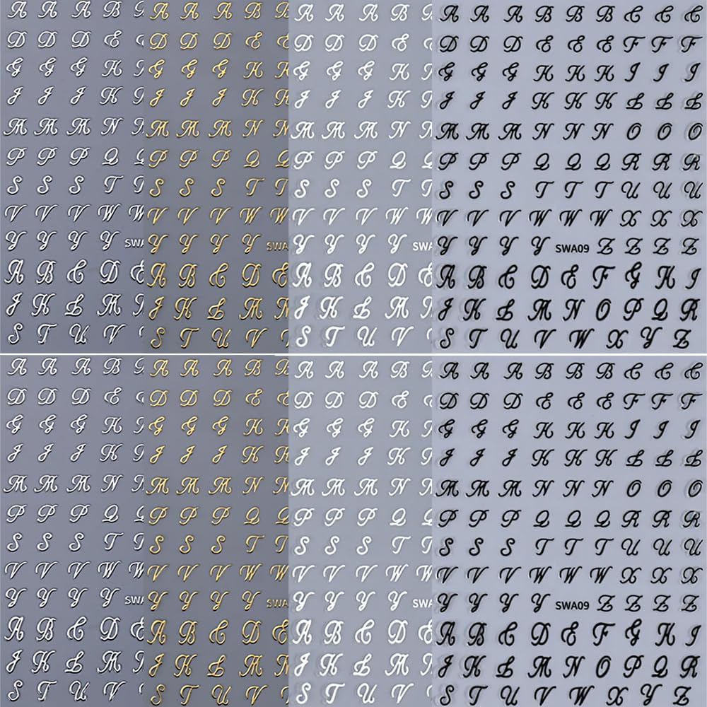 Letter Nail Stickers. 8 Sheets Old English Letter Nail Decals 3D Self-Adhesive Gold Silver Black White Retro English Pattern Old Alphabet Cursive Design Manicure Nail Accessories for Women Girls : Beauty & Personal Care
