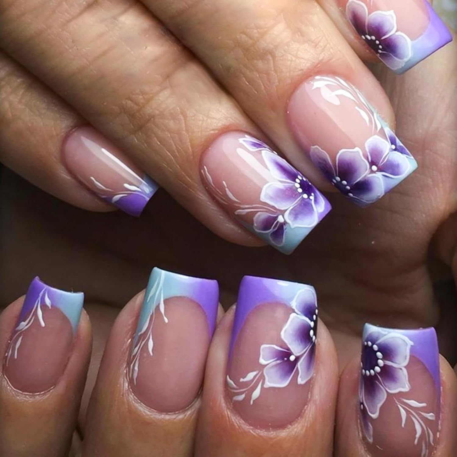 YOSOMMK Press on Nails Short Square Fake Nails with Flower Designs Nude Pink Glossy Full Cover Stick on Nail Bling Sequins Acylic Nail for Women and Girls : Beauty & Personal Care