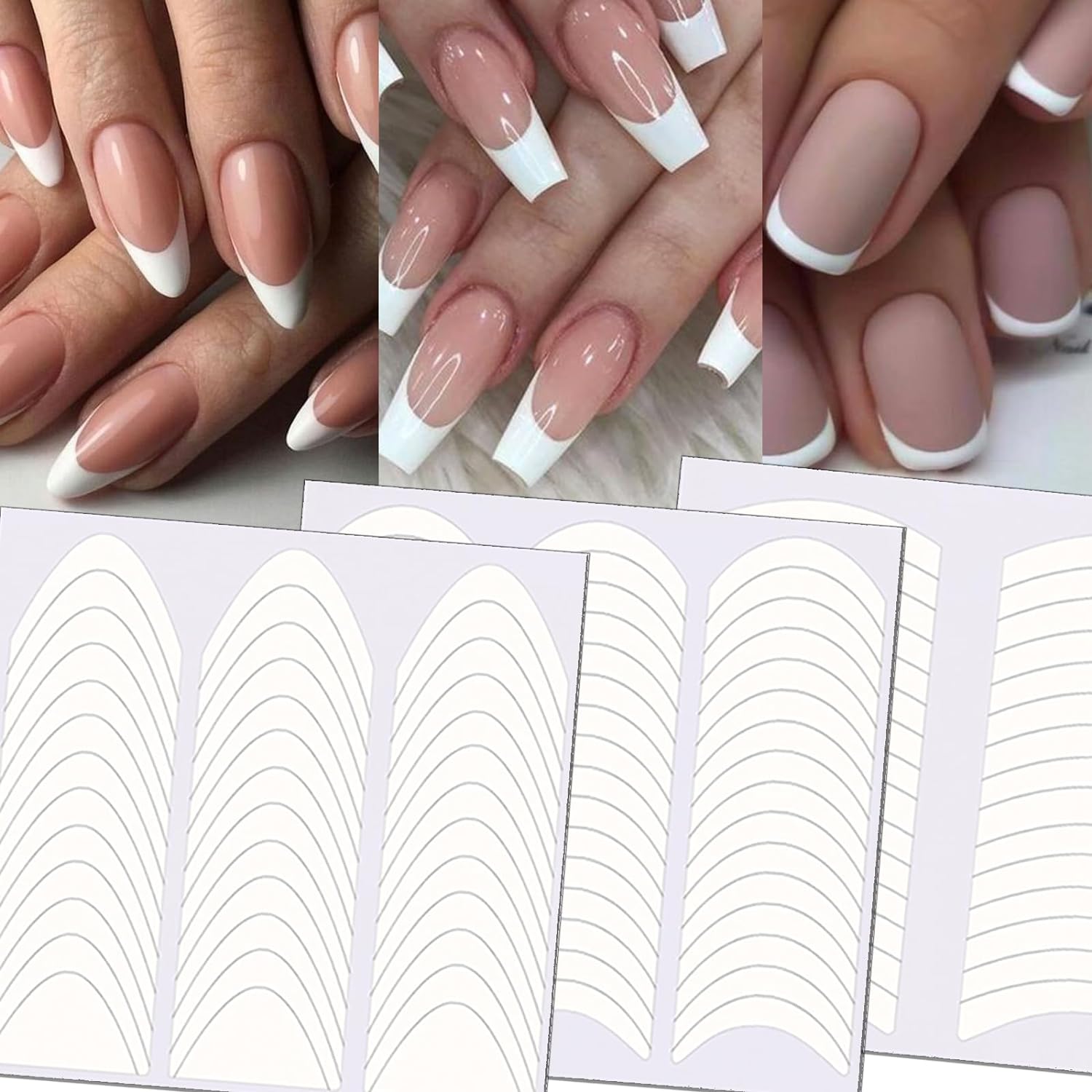 TailaiMei 36 Sheets 1368 Pieces French Manicure Nail Art Stickers. 3 Designs Self-Adhesive Nail Tips Guides for DIY Decoration Stencil Tools (3 Moon Shape Design. 36 Sheets) : Beauty & Personal Care