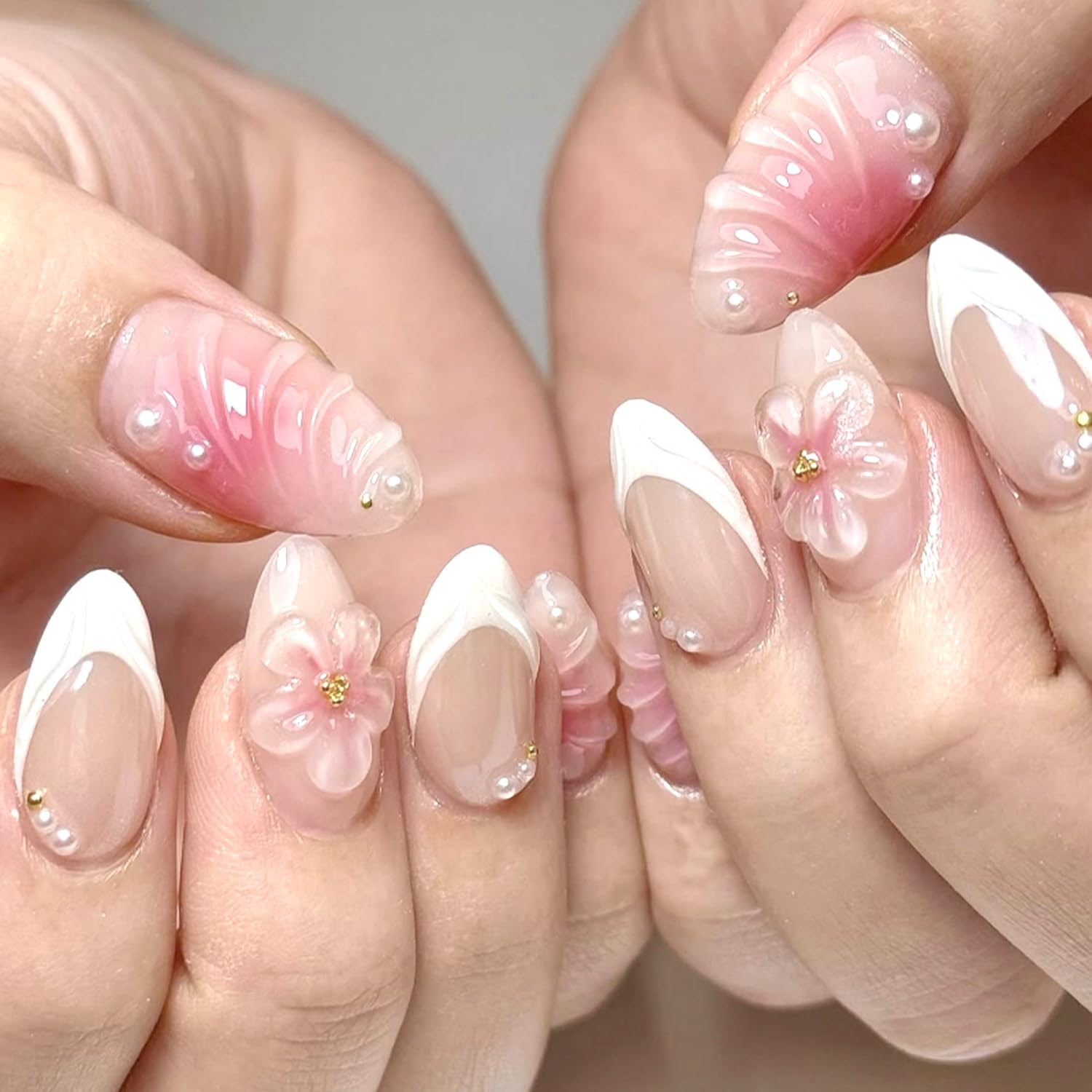 YKZFUI French Tip Press on Nails with Charms. Medium. Cute Bow. Long Square Shape. Acrylic Fake Stick On Nails with Heart and Rhinestones for Women Daily Wear. White : Beauty & Personal Care