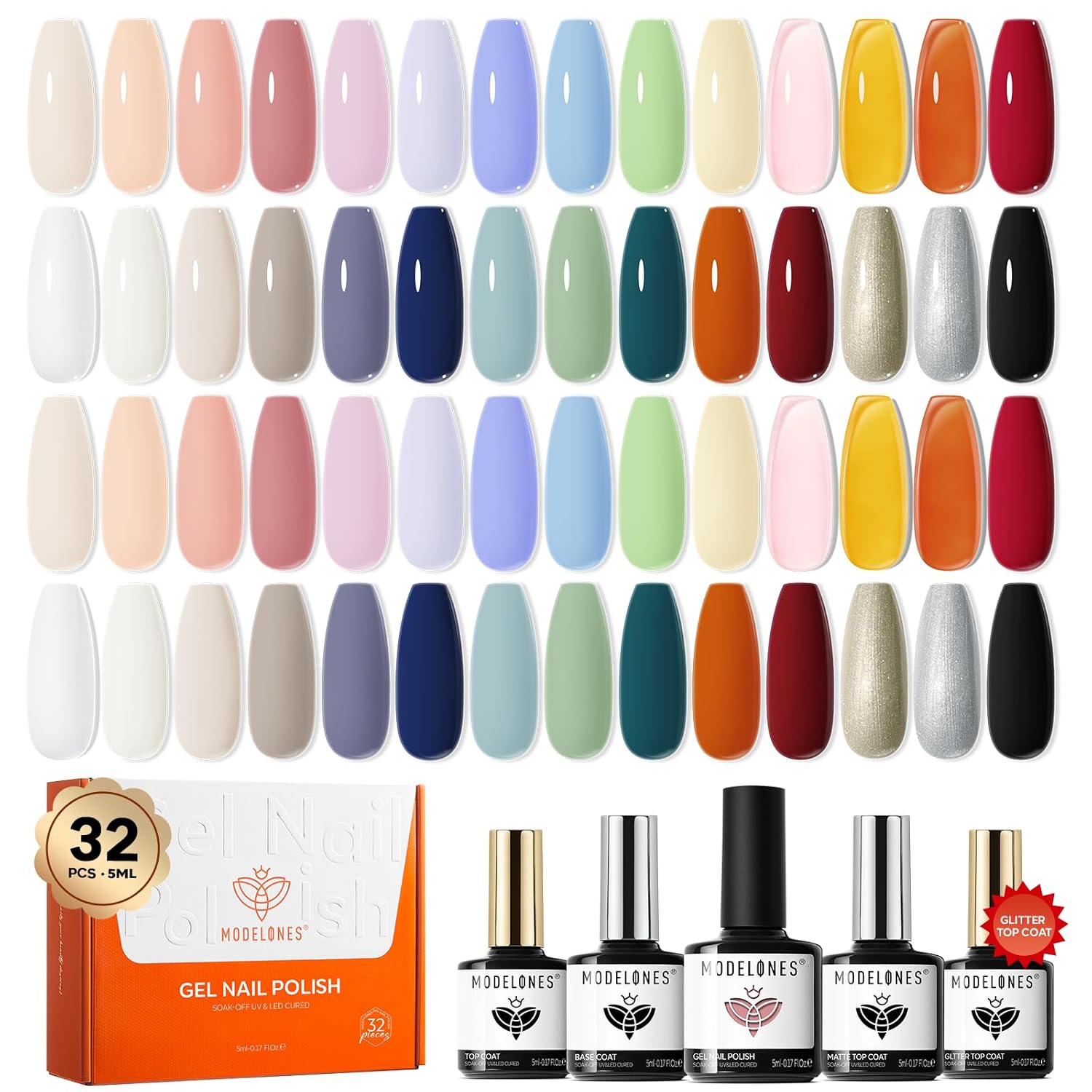 modelones 32 PCS Gel Nail Polish Set. 28 Colors Gel Polish with No Wipe Base Coat. Glitter & Glossy & Matte Top Coat Black Brown Red Purple Soak Off LED Nail Art Kit Salon at Home : Beauty & Personal Care