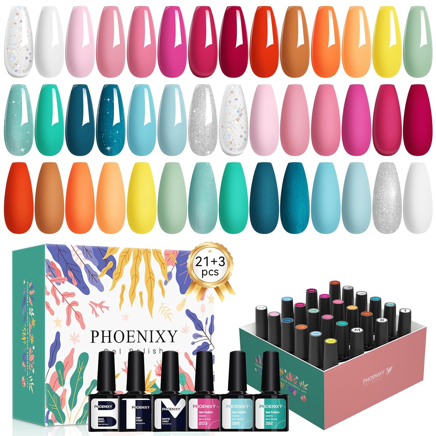 PHOENIXY 24 PCS Gel Nail Polish Set. 21 Colors Gel Nail Polish Kit with Base Glossy Matte Top Coat Black Gray Red Valentine Nail Kit Gifts for Women : Beauty & Personal Care