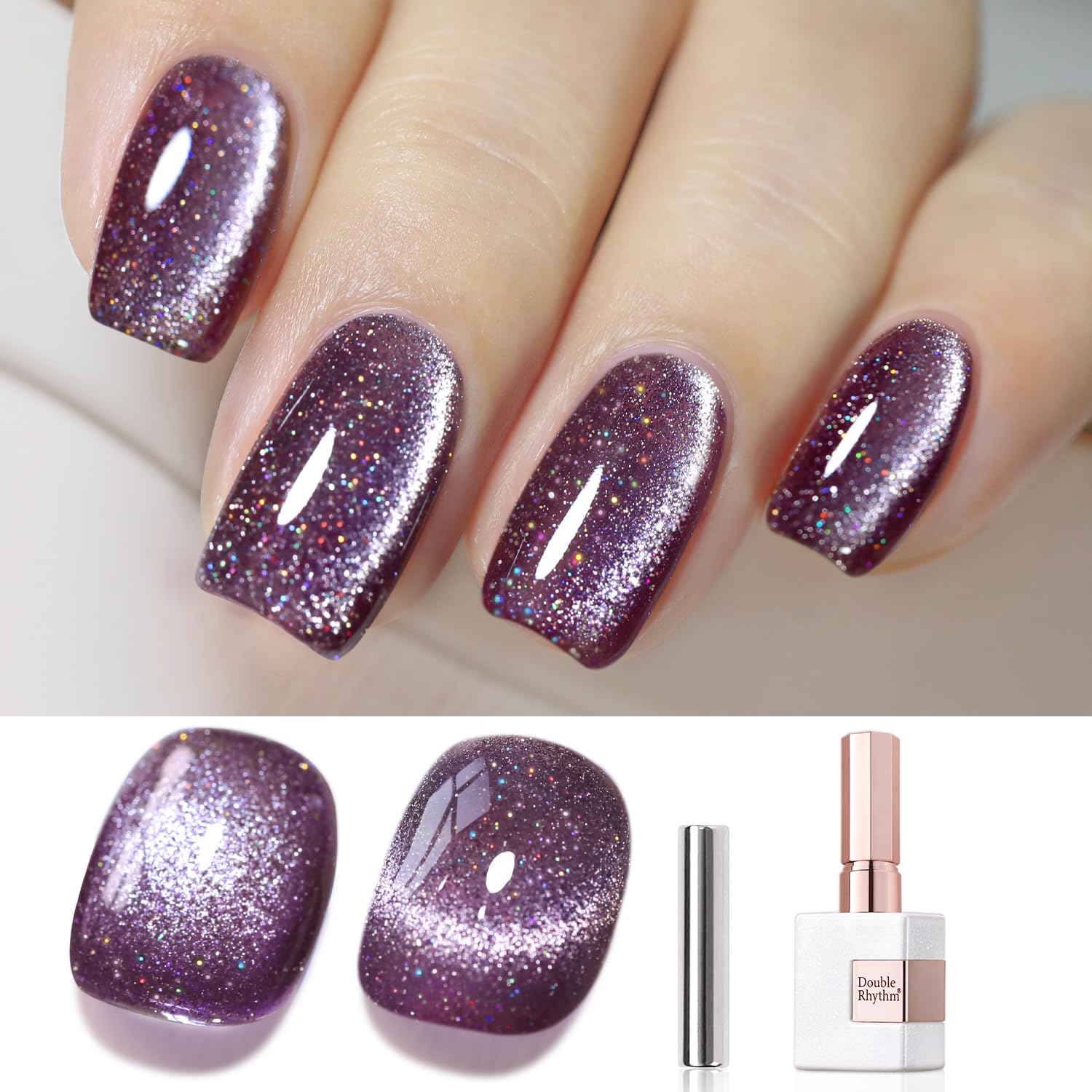 Double Rhythm 0.5 OZ Cat Eye Gel Polish with Magnet 15ML Holographic Glitter Shimmer Translucent Jelly Color Magnetic Polish Salon DIY at Home (Silver-MC1019) : Beauty & Personal Care