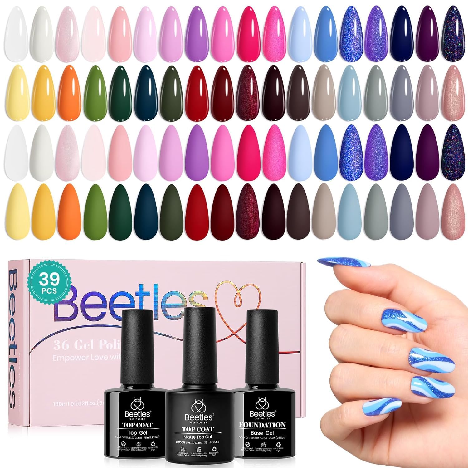Beetles 44pcs Gel Nail Polish Set - 36 Colors Colorful Muse Gel Polish Kit Pink Nude Red Yellow Green Black White Glitter Nail Kit Base Top Coat UV LED Needed Salon DIY Home Gift for Women : Beauty & Personal Care