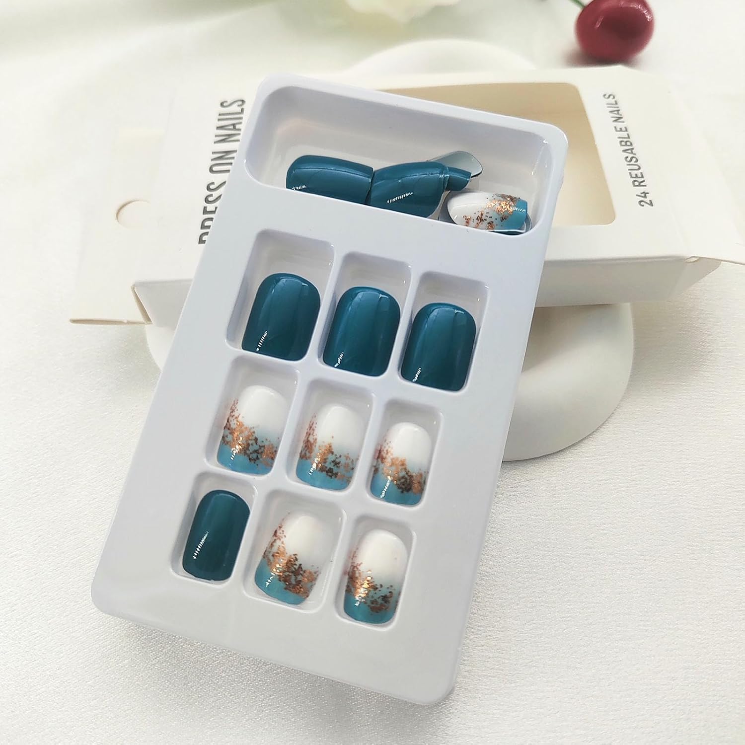 Square Press on Nails Short Sea Blue Fake Nails Glossy Acrylic Nails Press ons Full Cover False Nails with Golden Glitter Designs Glue Stick on Nails for Women Girls 24 Pcs : Beauty & Personal Care