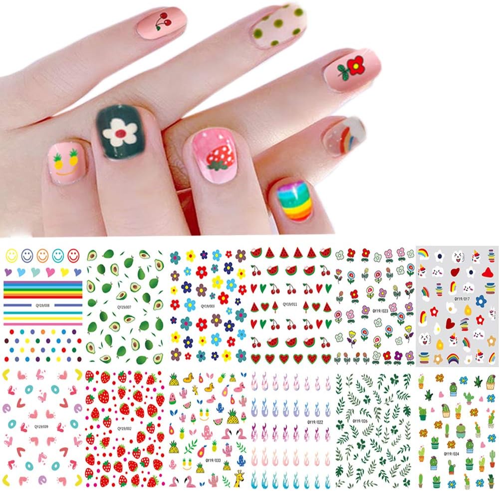 Nail Stickers for Women and Little Girls - 12 Sheets 3D Self-Adhesive DIY Nail Art Decoration Set Including Flowers Leaves Animals Plants Fruits Nail Decals for Woman Kids Girls : Beauty & Personal Care