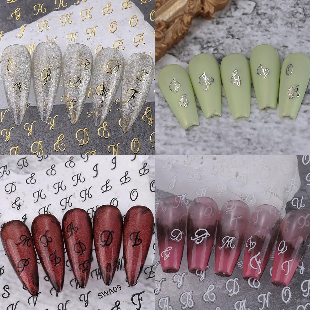 Letter Nail Stickers. 8 Sheets Old English Letter Nail Decals 3D Self-Adhesive Gold Silver Black White Retro English Pattern Old Alphabet Cursive Design Manicure Nail Accessories for Women Girls : Beauty & Personal Care
