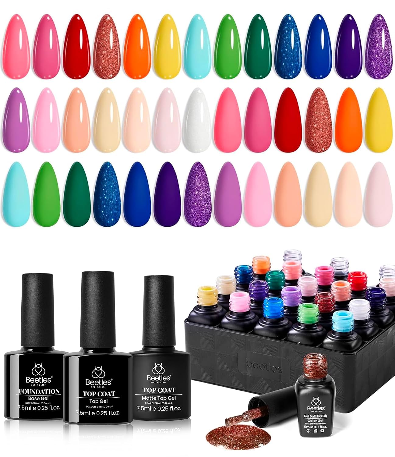 Beetles Summer Gel Polish Set - 36 Colors Bright Neon Gel Nail Polish Pink Orange Red Green Blue 4th of July Nail Polish with 4Pcs Base Top Coat Soak Off Colorful Collection UV Nail Gel : Beauty & Personal Care