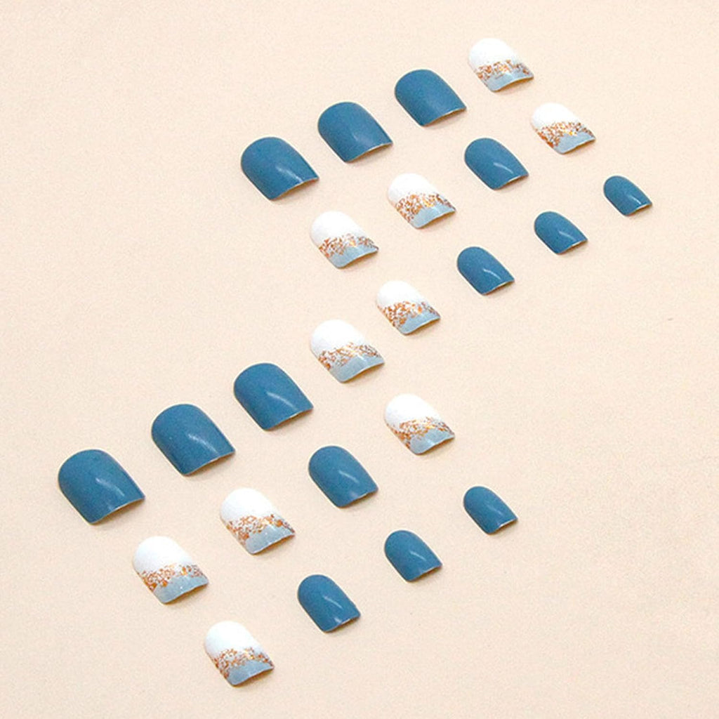 Square Press on Nails Short Sea Blue Fake Nails Glossy Acrylic Nails Press ons Full Cover False Nails with Golden Glitter Designs Glue Stick on Nails for Women Girls 24 Pcs : Beauty & Personal Care