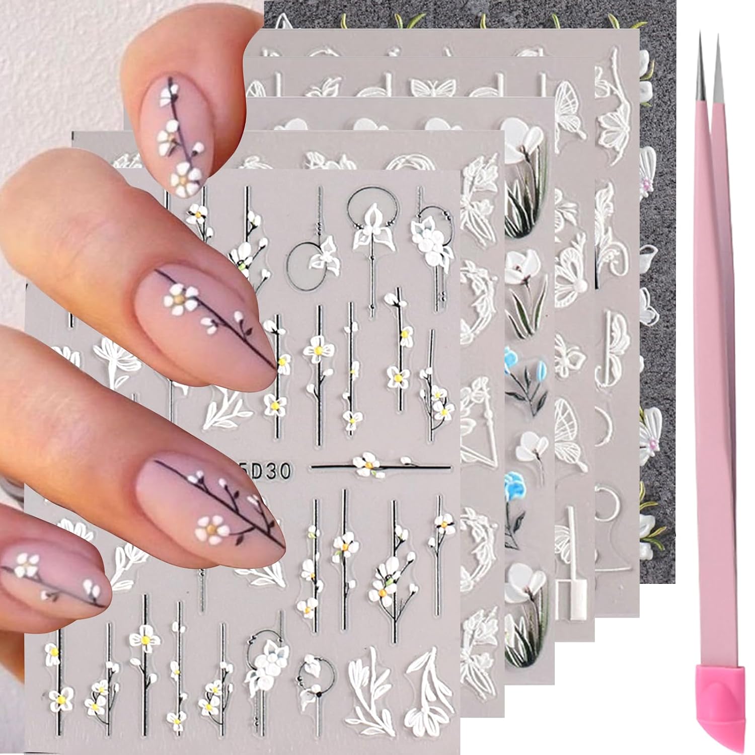 VOTACOS Flower Nail Art Stickers - 5D Embossed. Spring/Summer Daisy Designs. Self-Adhesive Decals for Women's Nail DIY Decoration : Beauty & Personal Care