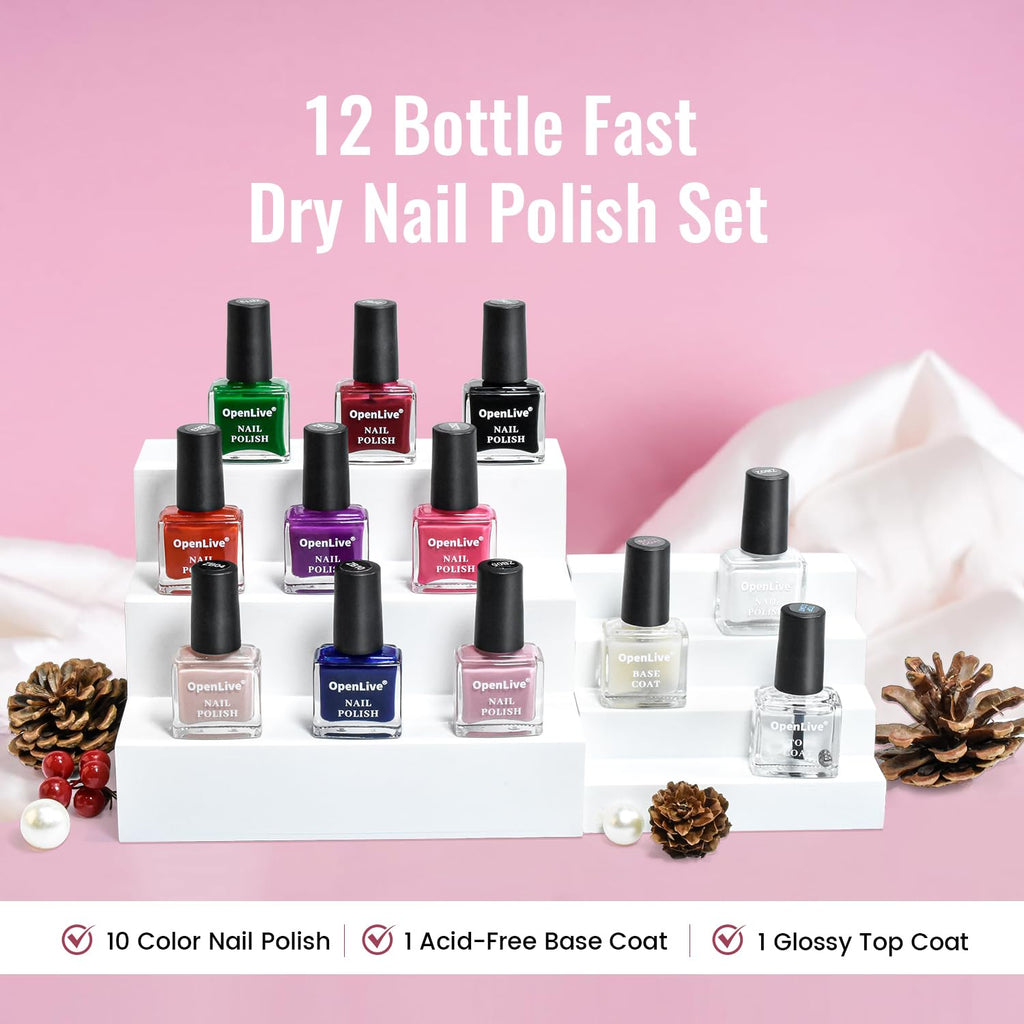 OpenLive 12 PCS Nail Polish Set With 10 Colour Combo. 2 PCS Base And Top Coat.Fast Drying Nail Polish For Home DIY And Beginners : Beauty & Personal Care