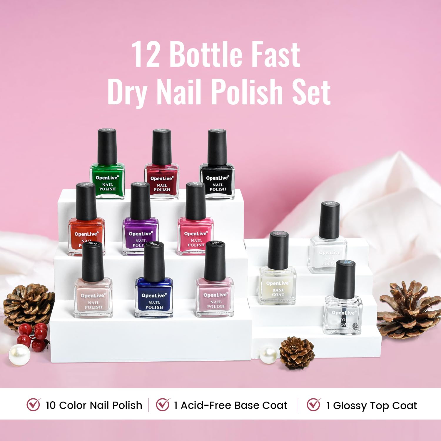 OpenLive 12 PCS Nail Polish Set With 10 Colour Combo. 2 PCS Base And Top Coat.Fast Drying Nail Polish For Home DIY And Beginners : Beauty & Personal Care
