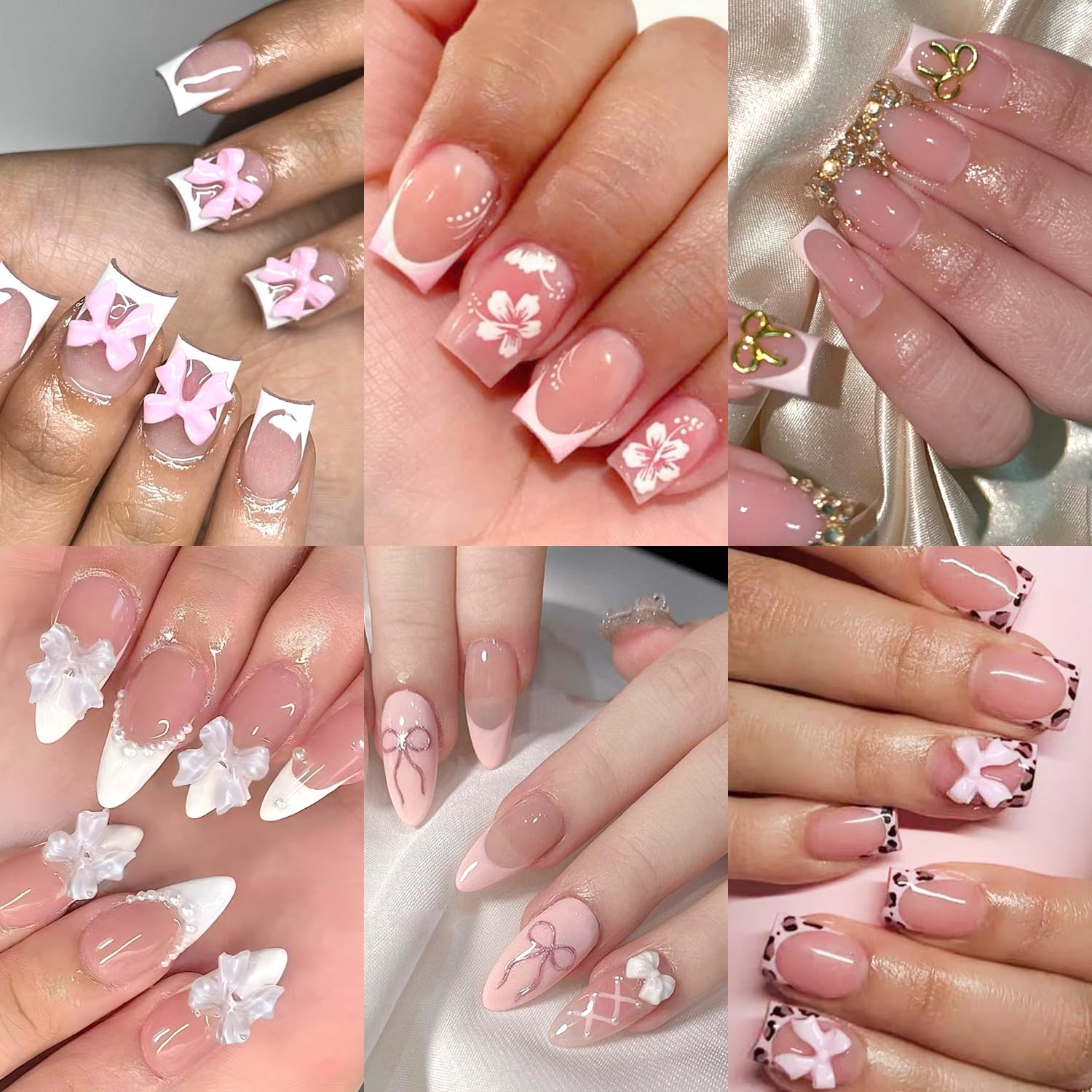 6 Packs (144 Pcs) | Reusable Press on Nails | Stick on Nails 12 Sizes-6 Styles | Cute Bow Nails : Beauty & Personal Care