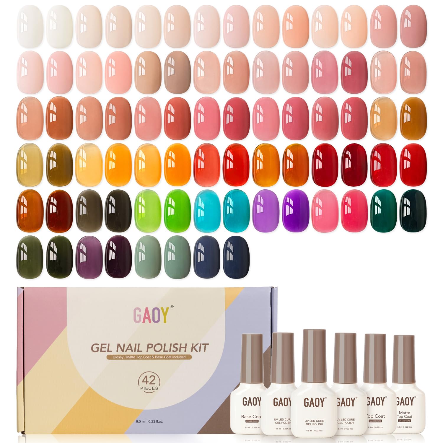 GAOY 42 Pcs Gel Nail Polish Kit. Pink White Red Jelly Nude Colors All Seasons Gel Nail Polish Set with Glossy & Matte Top Coat and Base Coat for DIY Manicure at Home : Beauty & Personal Care