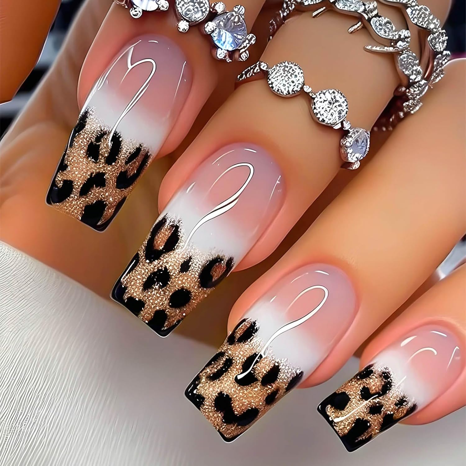 RUOKEXIN Heart Press On Nails Medium Square Fake Nails Glitter Glossy Acrylic False Nails with Rhinestones Designs Ombre Pink Full Cover Press Ons Fall Winter Holiday Stick on Nails for Women 24Pcs : Beauty & Personal Care