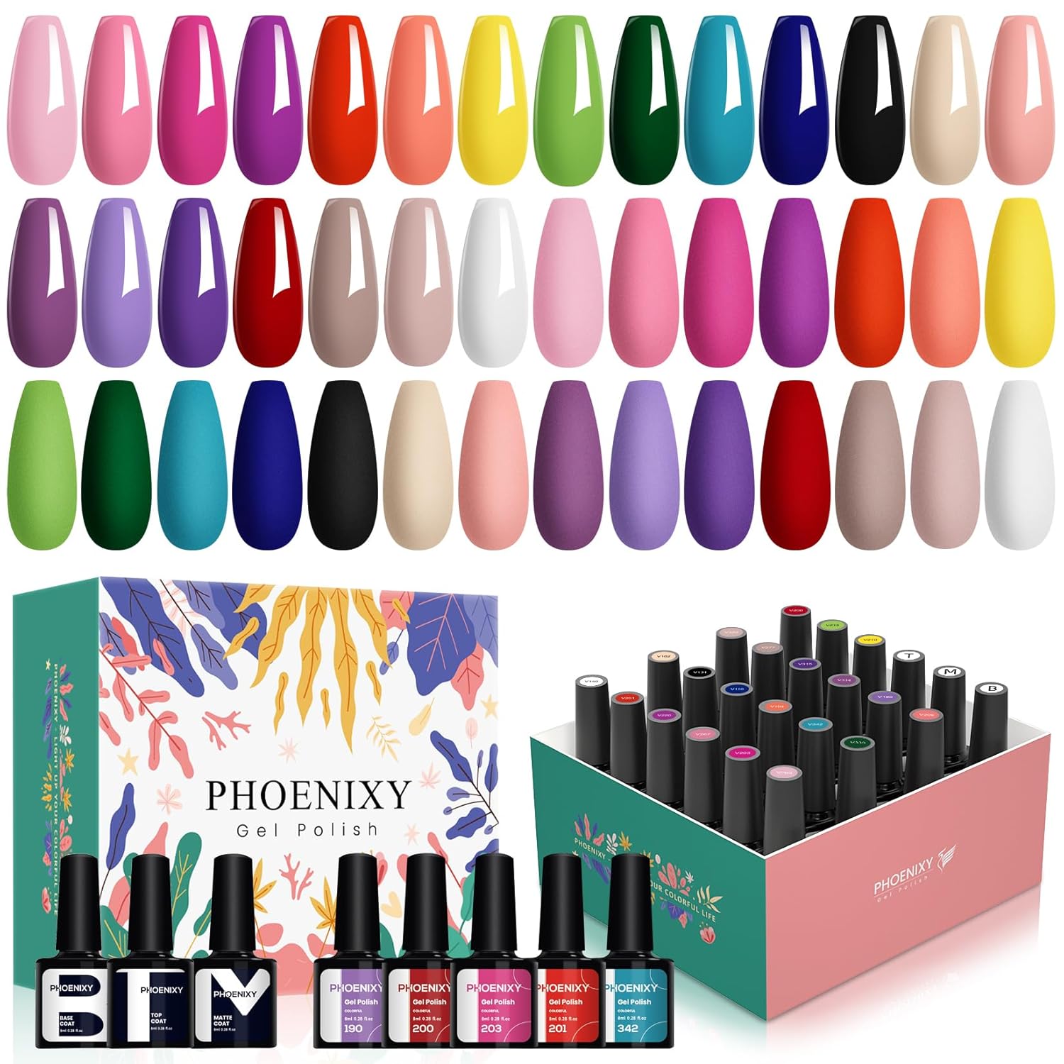 PHOENIXY 24 PCS Gel Nail Polish Set. 21 Colors Gel Nail Polish Kit with Base Glossy Matte Top Coat Black Gray Red Valentine Nail Kit Gifts for Women : Beauty & Personal Care