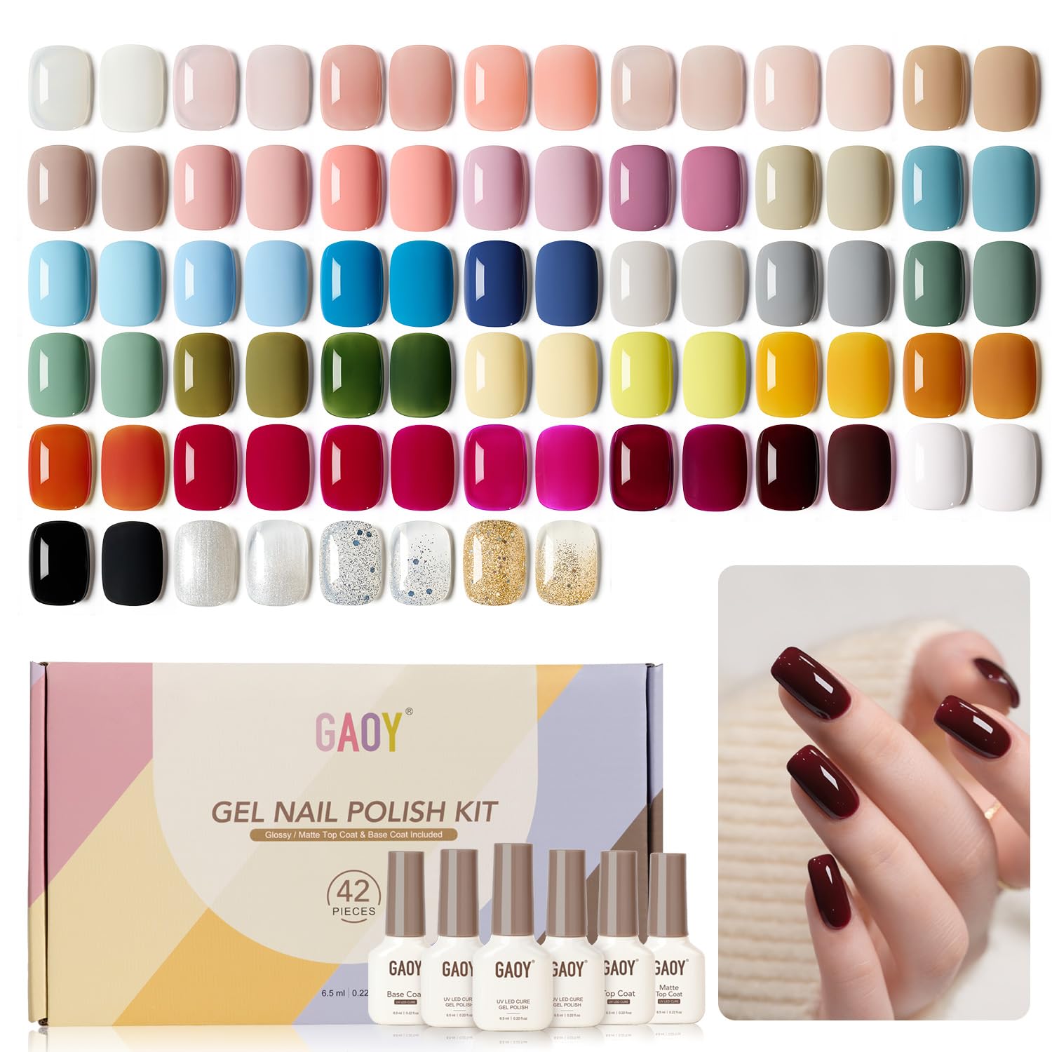 GAOY 42 Pcs Gel Nail Polish Kit. Pink White Red Jelly Nude Colors All Seasons Gel Nail Polish Set with Glossy & Matte Top Coat and Base Coat for DIY Manicure at Home : Beauty & Personal Care
