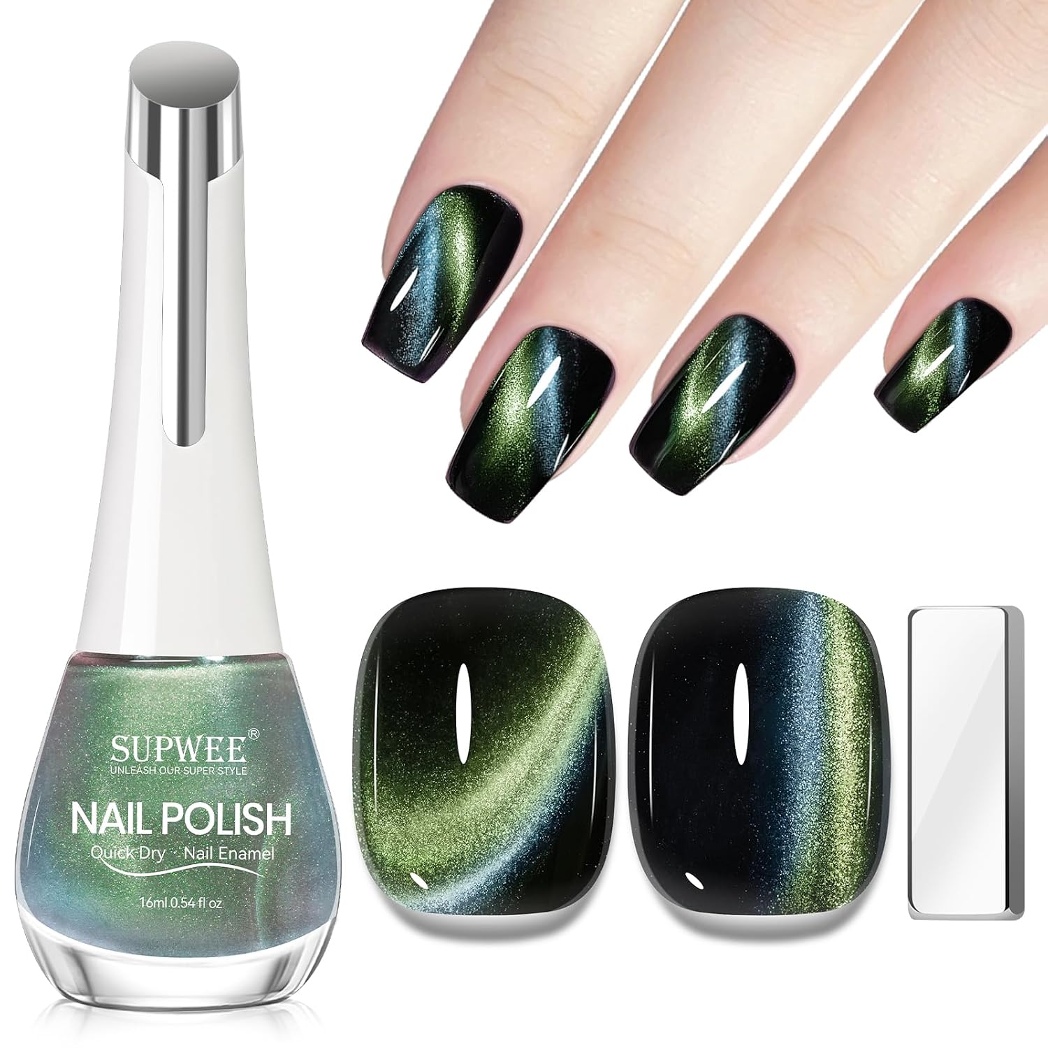 SUPWEE Cat Eye Nail Polish Non Gel with Magnet- Need to Use Black Base. Quick Dry Cateye Magnetic Nail Polish for Fingernail Air Drying Fast Lacquer Manicure Gift For Women Girls 16ml. 0.54fl oz : Beauty & Personal Care