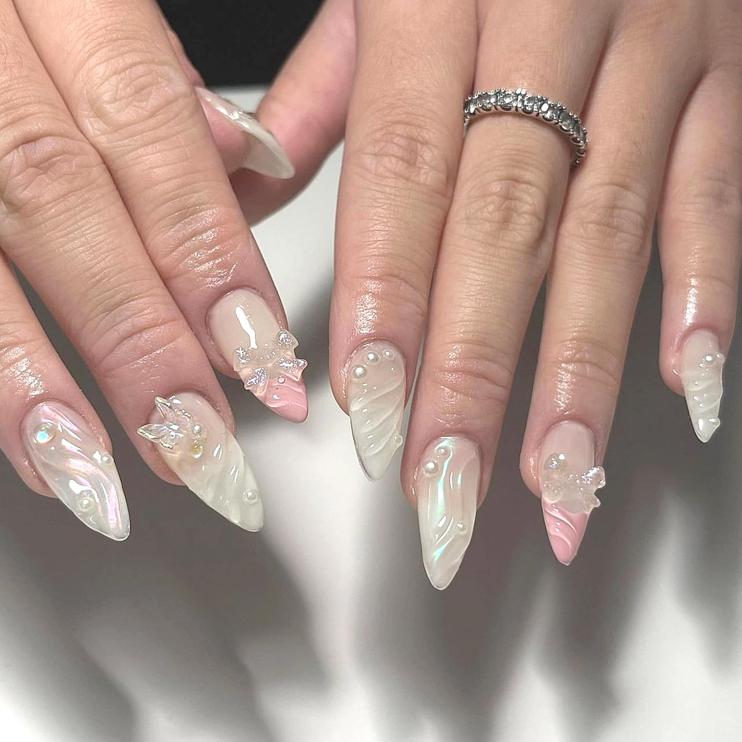 YKZFUI French Tip Press on Nails with Charms. Medium. Cute Bow. Long Square Shape. Acrylic Fake Stick On Nails with Heart and Rhinestones for Women Daily Wear. White : Beauty & Personal Care