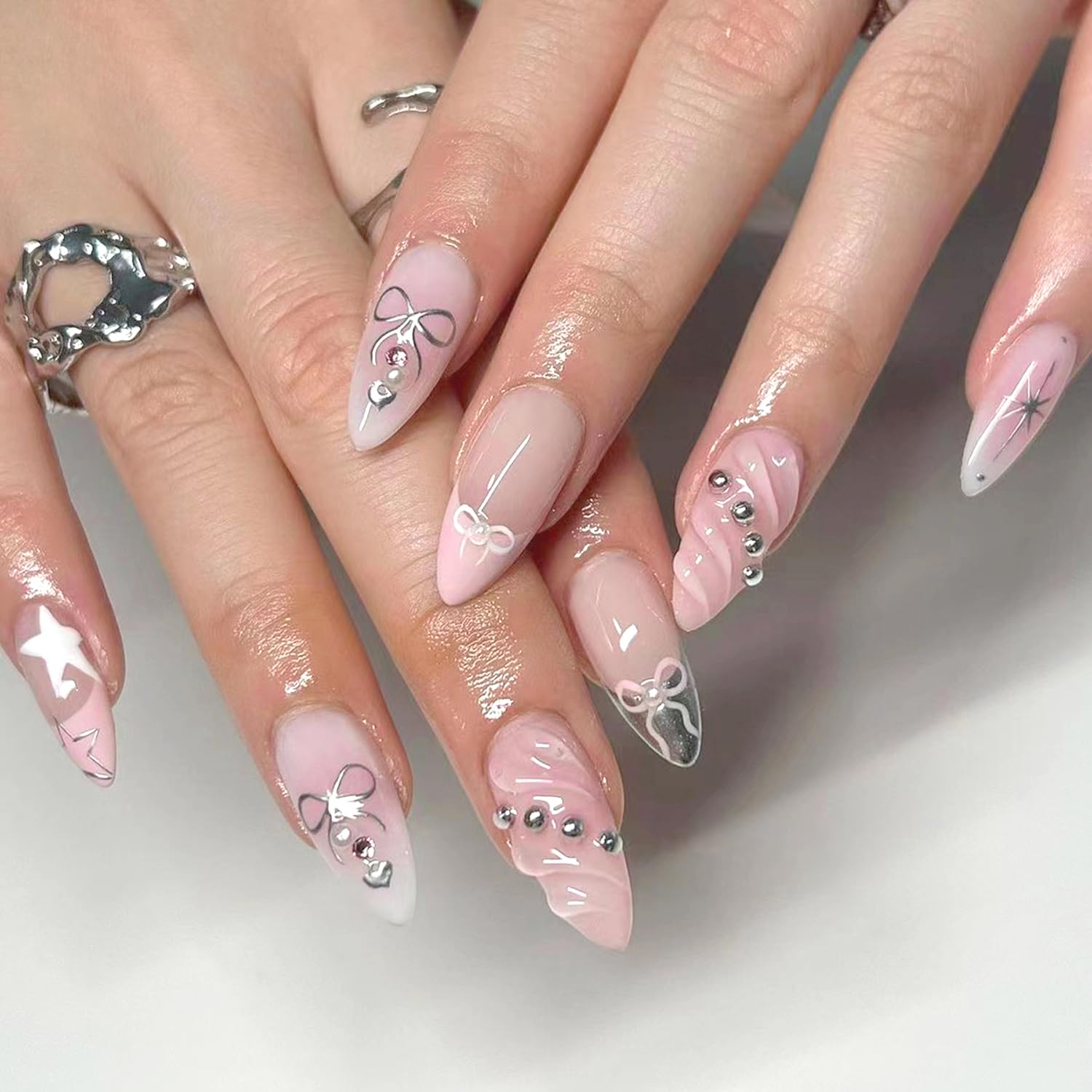 YKZFUI French Tip Press on Nails with Charms. Medium. Cute Bow. Long Square Shape. Acrylic Fake Stick On Nails with Heart and Rhinestones for Women Daily Wear. White : Beauty & Personal Care