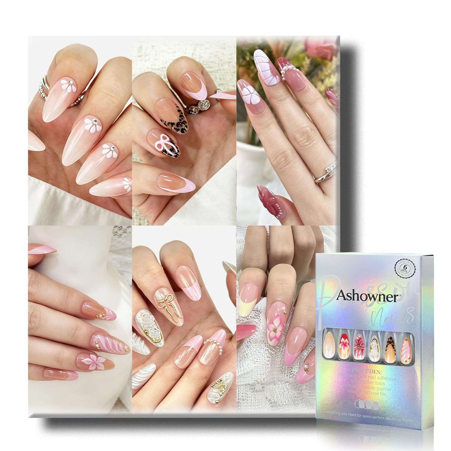 6 Packs (144 Pcs) | Reusable Press on Nails | Stick on Nails 12 Sizes-6 Styles | Cute Bow Nails : Beauty & Personal Care