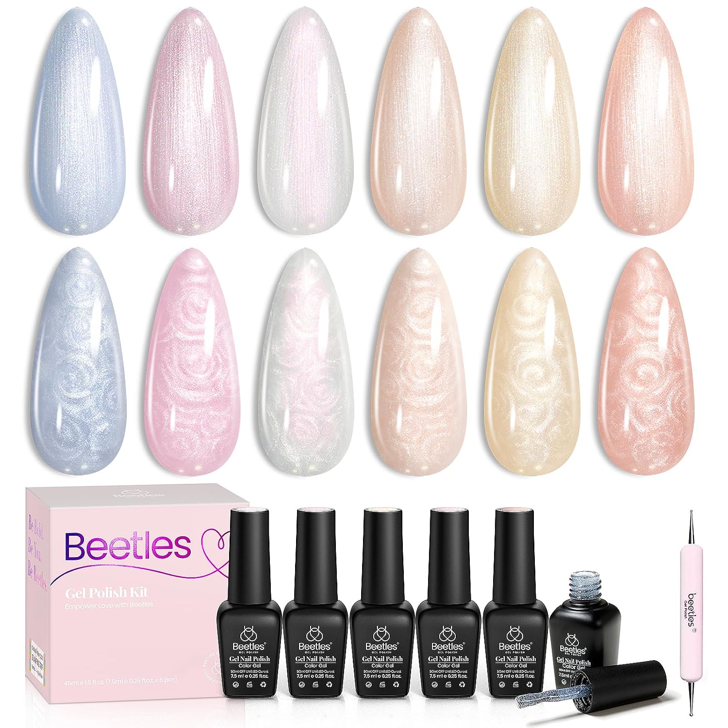Beetles Pearl Gel Nail Polish. 6 Colors Shimmer White Pink Purple Mermaid Nail Drawing Gel. Soak Off UV Gel Polish Swirl Shell Thread Effect DIY Manicure Nail Art Gifts for Women : Beauty & Personal Care