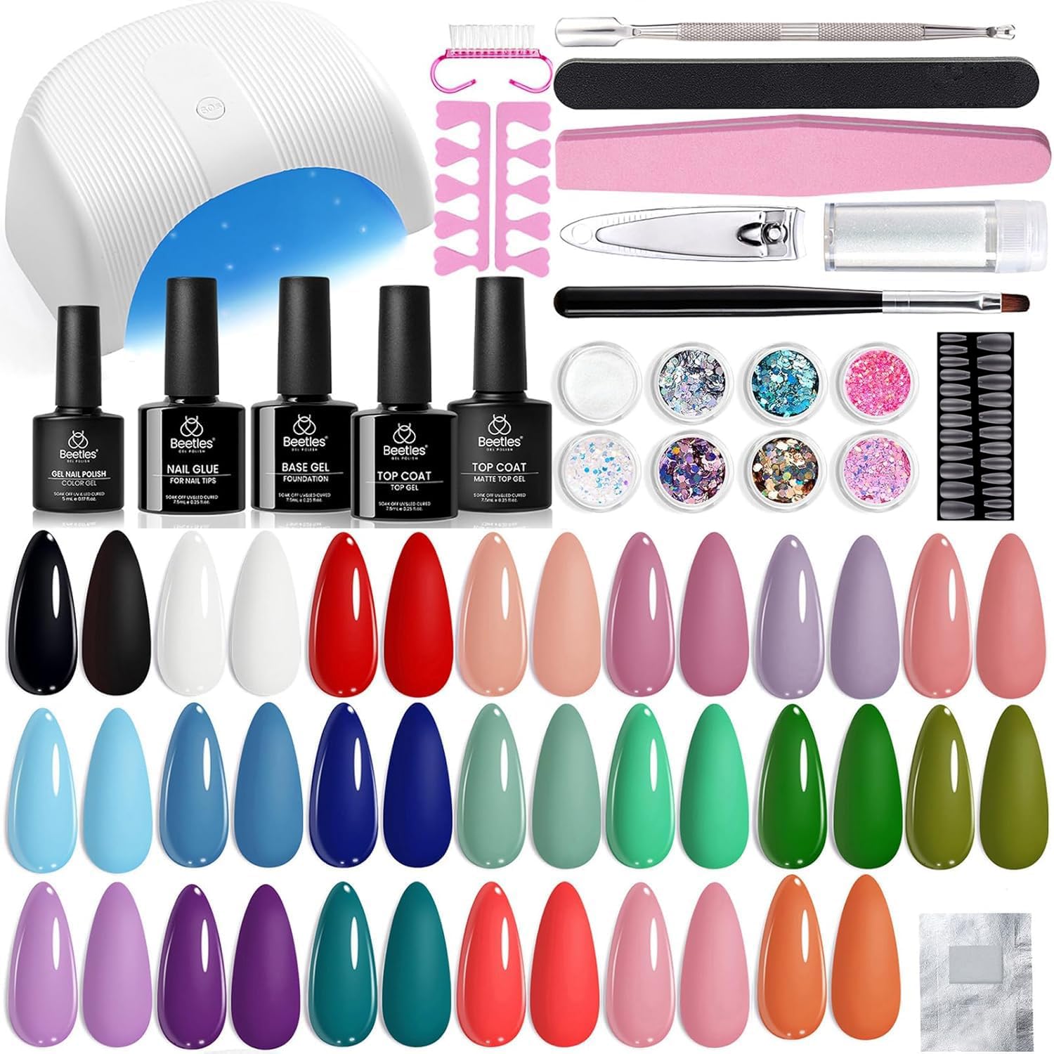 beetles Gel Polish Set Vivid Seasons - Summer Gel Nail Polish Set 36 Colors Pink Yellow Green Purple Jelly Shades 45pcs with Base & Top Coat UV LED Soak Off DIY Salon Gift for Women : Beauty & Personal Care