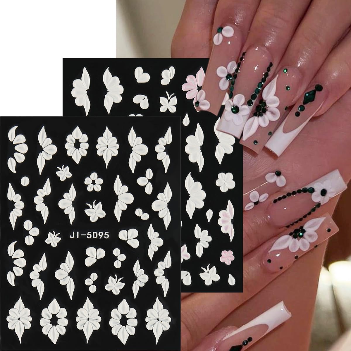 Fcozpjk 5D Embossed White Flowers Nail Stickers. 5 Sheets Self-Adhesive Floral Nail Decals. Spring Rose Butterfly Nail Art. 3D Acrylic Flowers for Manicure Decor : Beauty & Personal Care