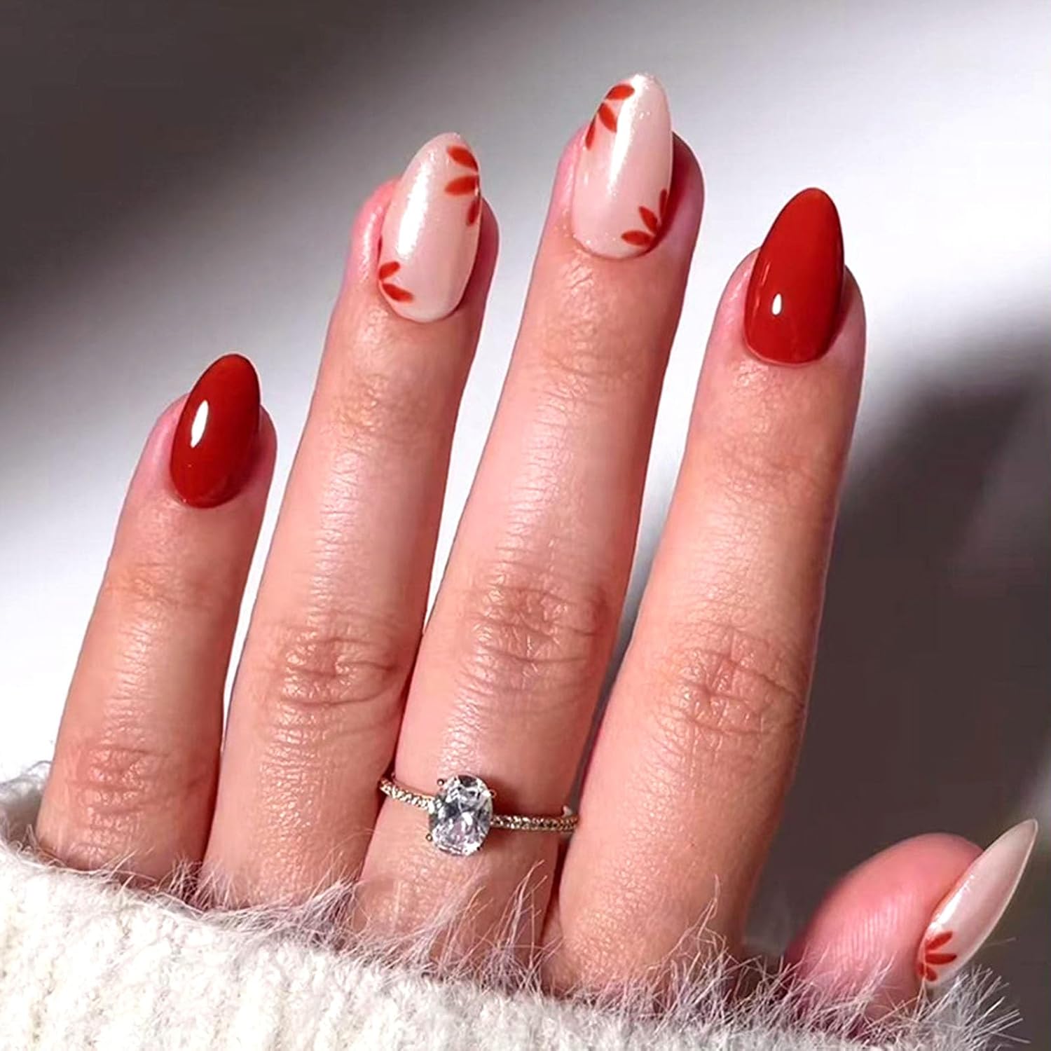 Short Press On Almond Fake Nails - Flower Acrylic Fall Nails Press Ons Full Cover Glue On Cute False Floral Stick On Nails for Women - 30 Pcs : Beauty & Personal Care