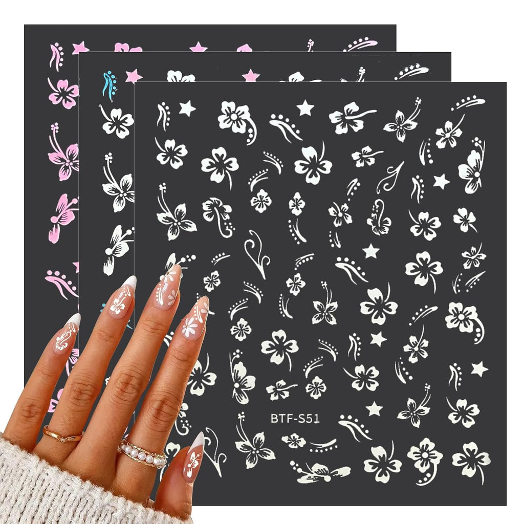 MUIIGOOD Flower Nail Stickers 10 Sheets Hibiscus Nail Decals White Pink Golden Clear Silver Decals Nail Art Decorations Nail Decals Nail Art Supplies Nail Designs for Women Manicure Tips : Beauty & Personal Care