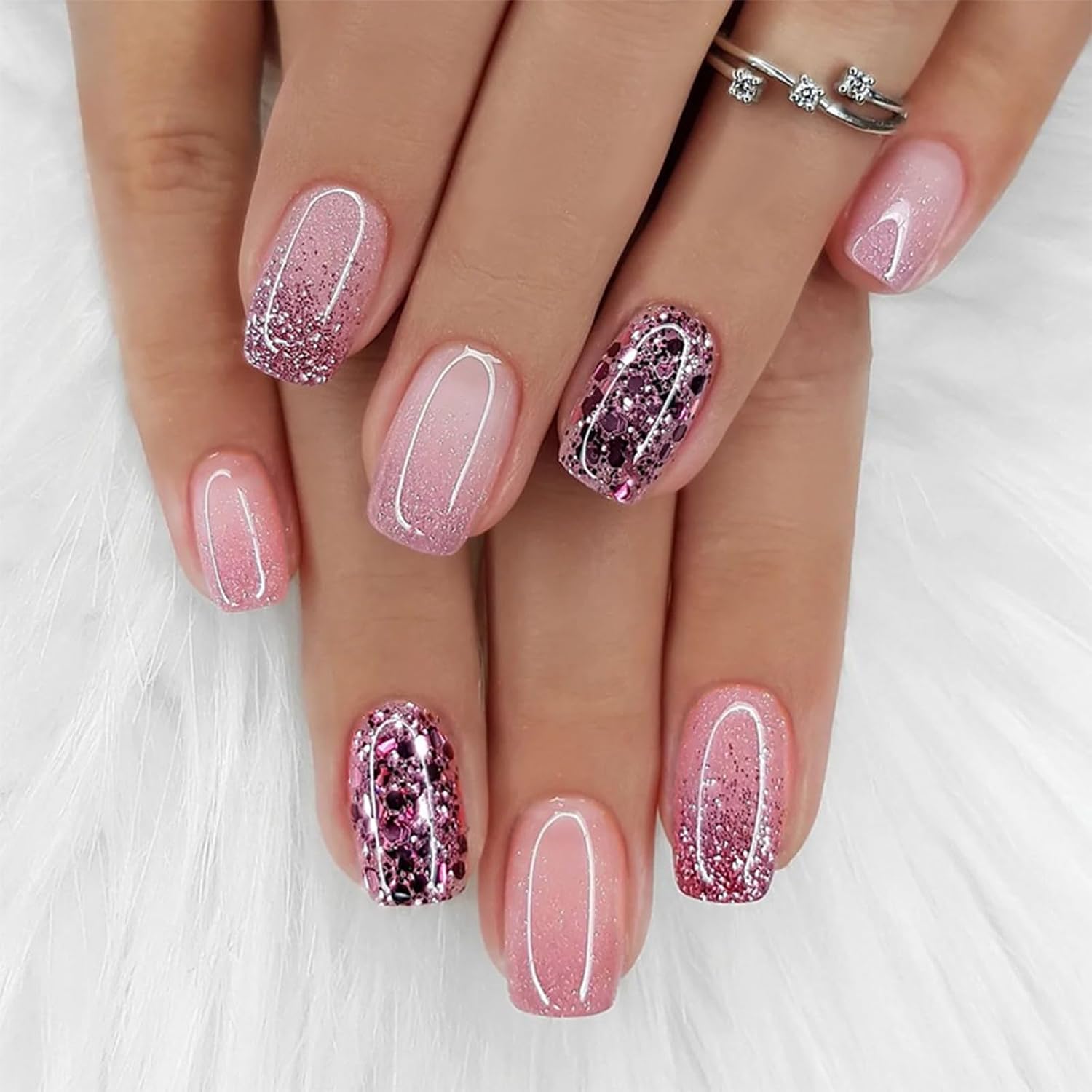 YOSOMMK Press on Nails Short Square Fake Nails with Flower Designs Nude Pink Glossy Full Cover Stick on Nail Bling Sequins Acylic Nail for Women and Girls : Beauty & Personal Care