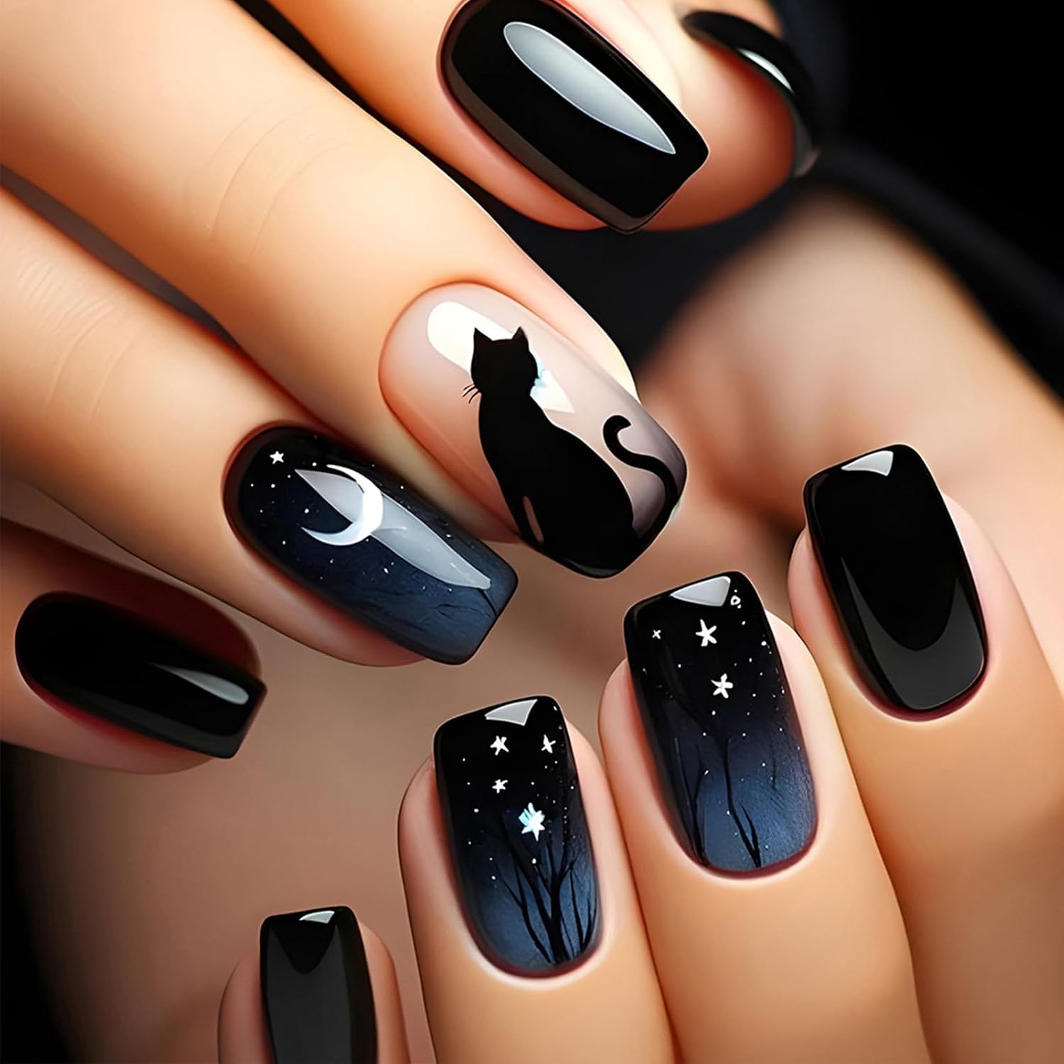 24Pcs Gold Curve Line Press on Nails Sea Acrylic Fake Nail Glossy Blue Gradient Medium Square False Nails Love Heart Stick on Fingernails Seaweed Gel Glue on Nail for Coquette Women Girls : Beauty & Personal Care