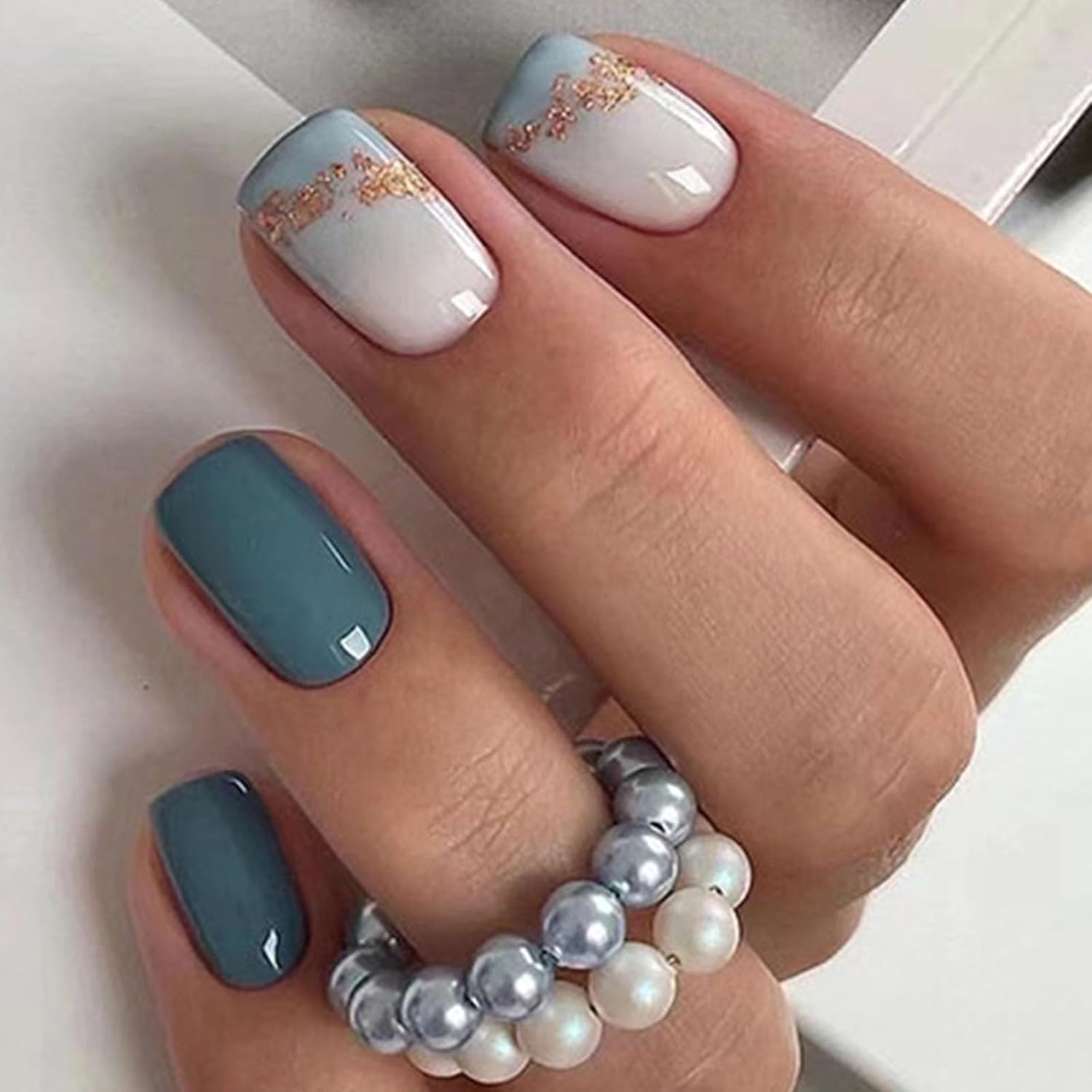 Short Press on Nails Square Nude Ombre Fake Nails Press ons White Glue Stick on Nails with Designs Full Cover Acrylic Glossy Artificial Cute False Nail for Women Girls 24 Pcs : Beauty & Personal Care