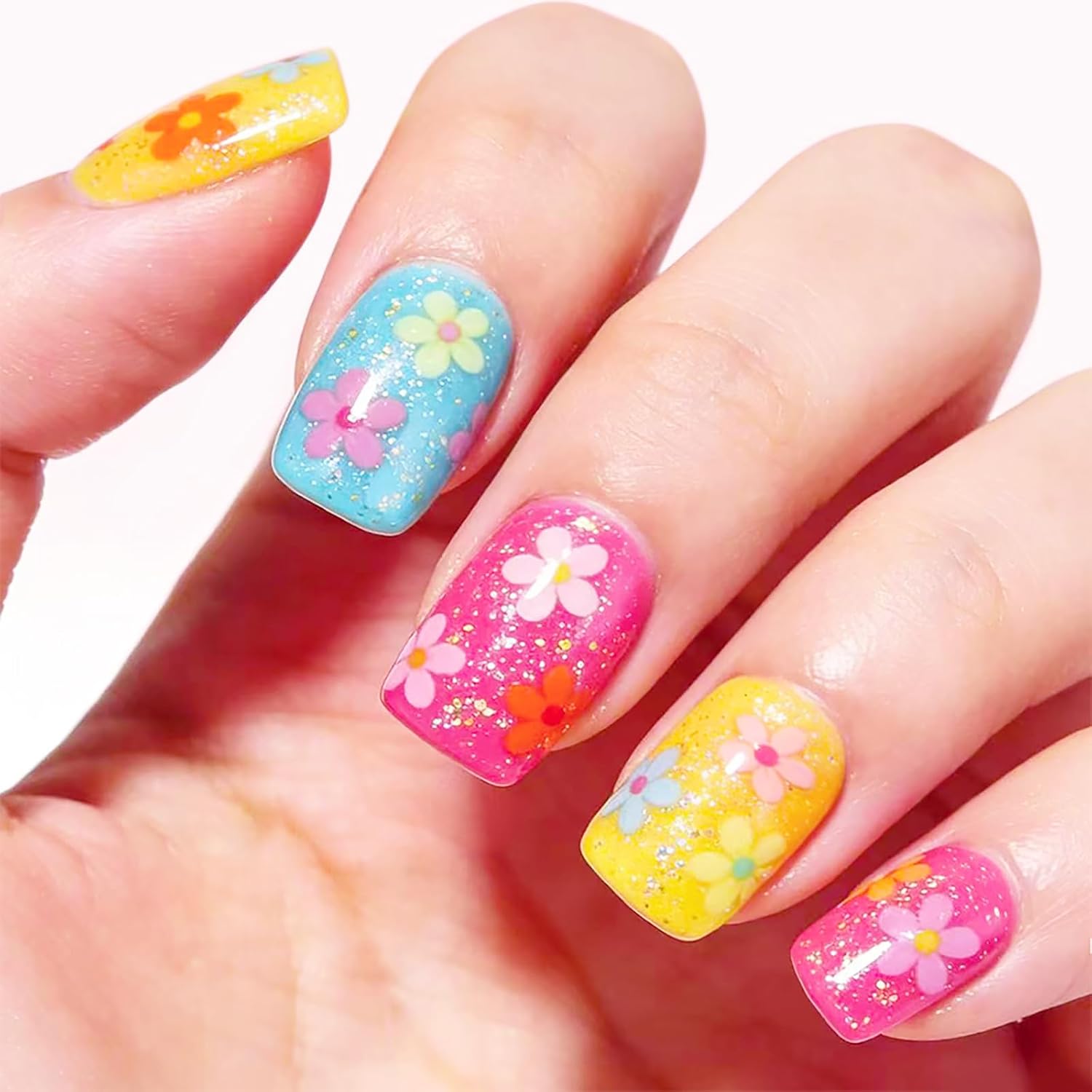 24Pcs Colorful Flower Press-On Nails - Short. Square. Fake. Spring-Summer Nail Art Set. Light Pink Acrylic. Full Cover Glossy False Nails for Women & Girls : Beauty & Personal Care