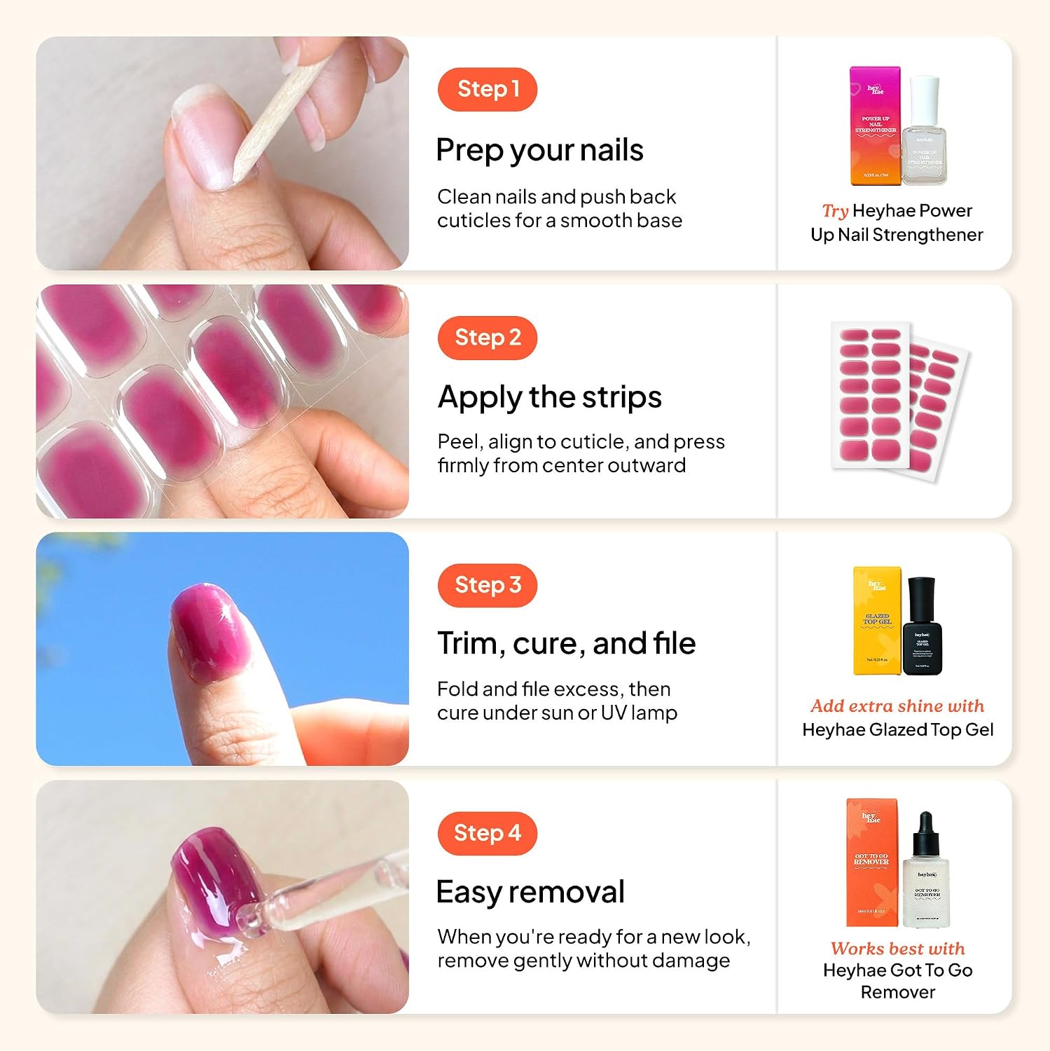 Heyhae Semi Cured Gel Nail Strips | No LED Lamp Needed | Solid. Pink. Spring | Easy Apply & Remove. Salon Quality | Includes 28 Strips. 1 Prep Pads. Nail File & Wooden stick - Hey. Strawberry Picking? : Beauty & Personal Care