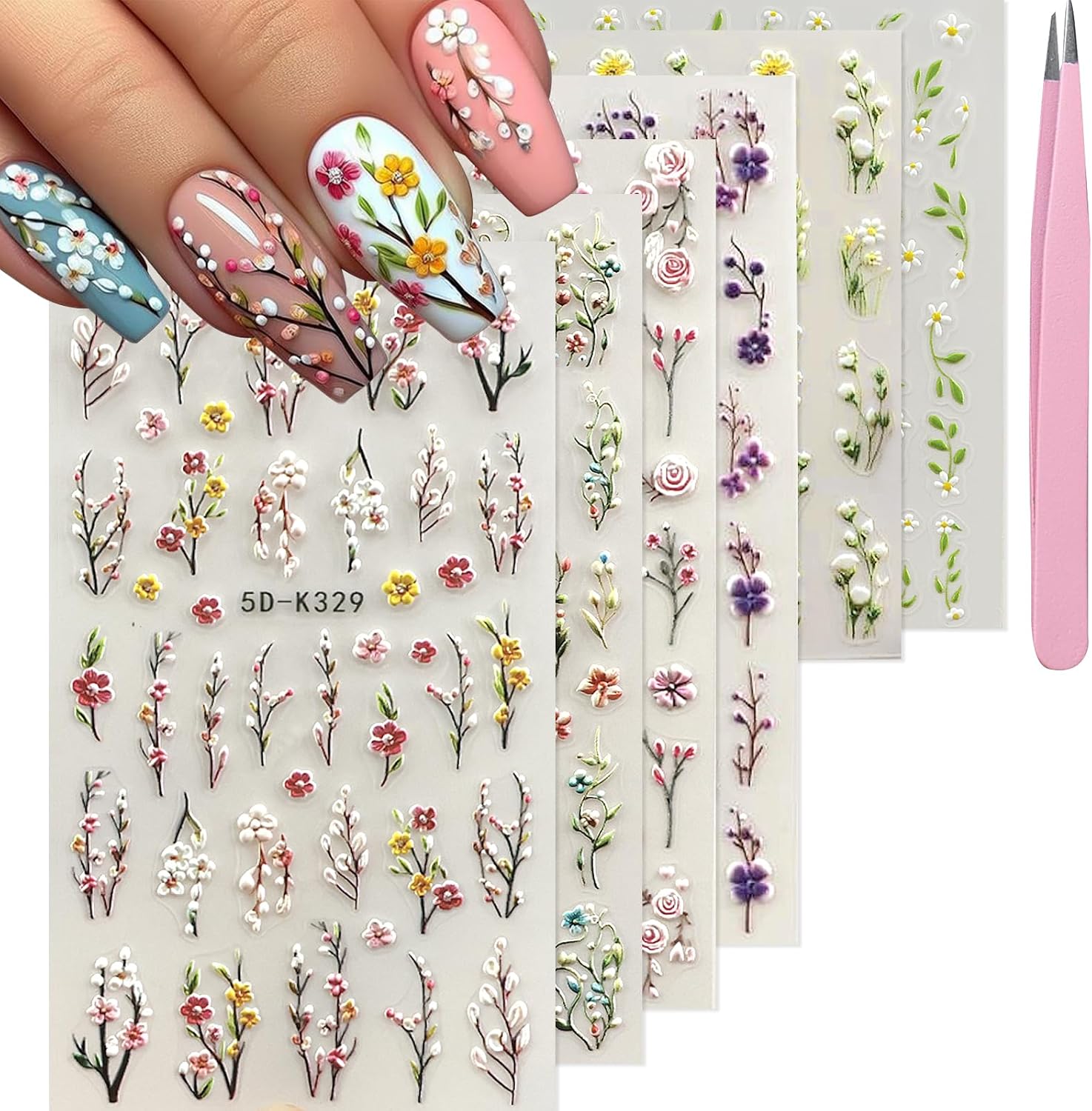 YOSOMMK Nail Art Stickers Decals 5D Embossed Flower Nail Decals Self Adhesive Spring Summer Heart Daisy Nail Supplies 3D Nail Design for Women Nail Decoration Colorful Flower Nail Stickers : Beauty & Personal Care
