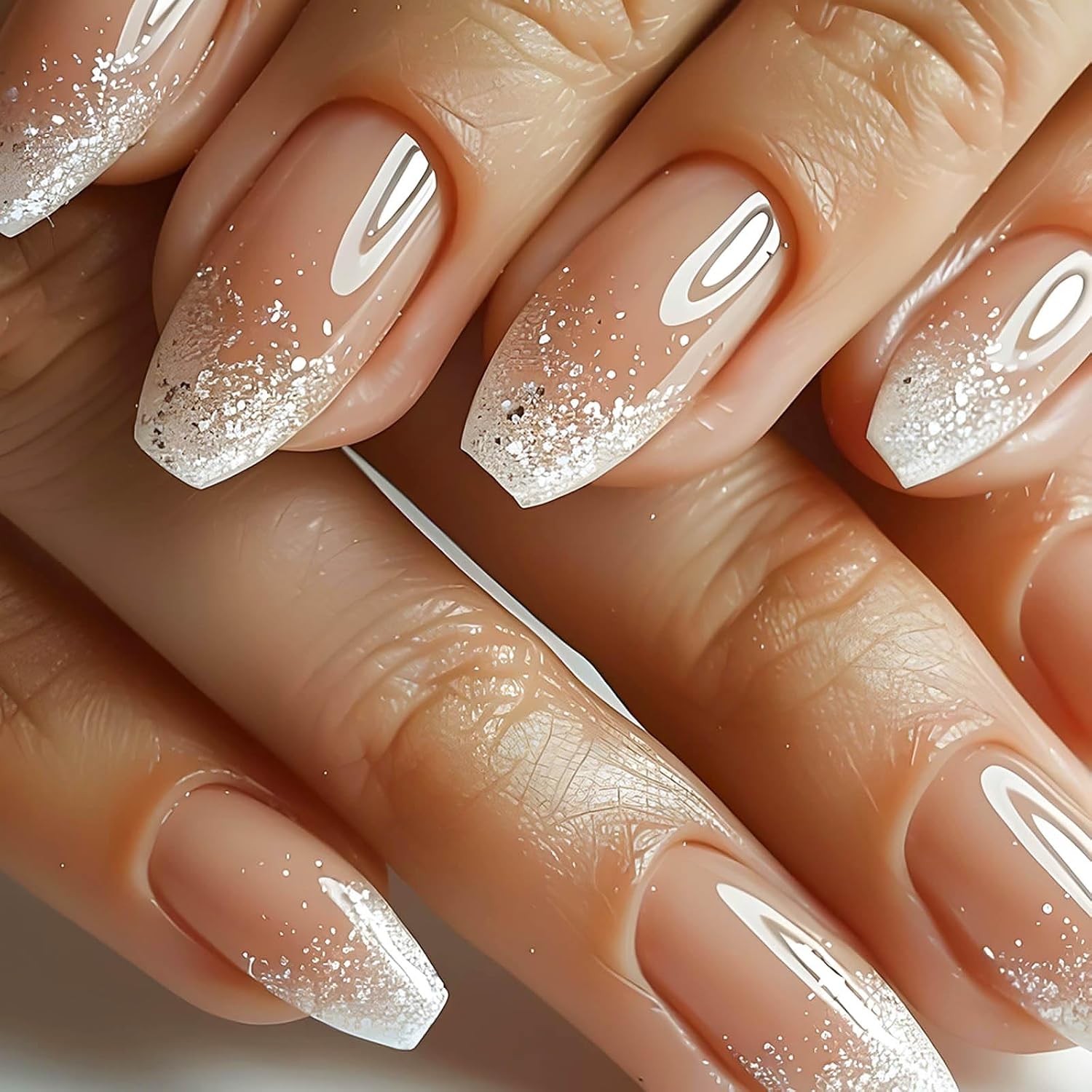 RUOKEXIN Heart Press On Nails Medium Square Fake Nails Glitter Glossy Acrylic False Nails with Rhinestones Designs Ombre Pink Full Cover Press Ons Fall Winter Holiday Stick on Nails for Women 24Pcs : Beauty & Personal Care