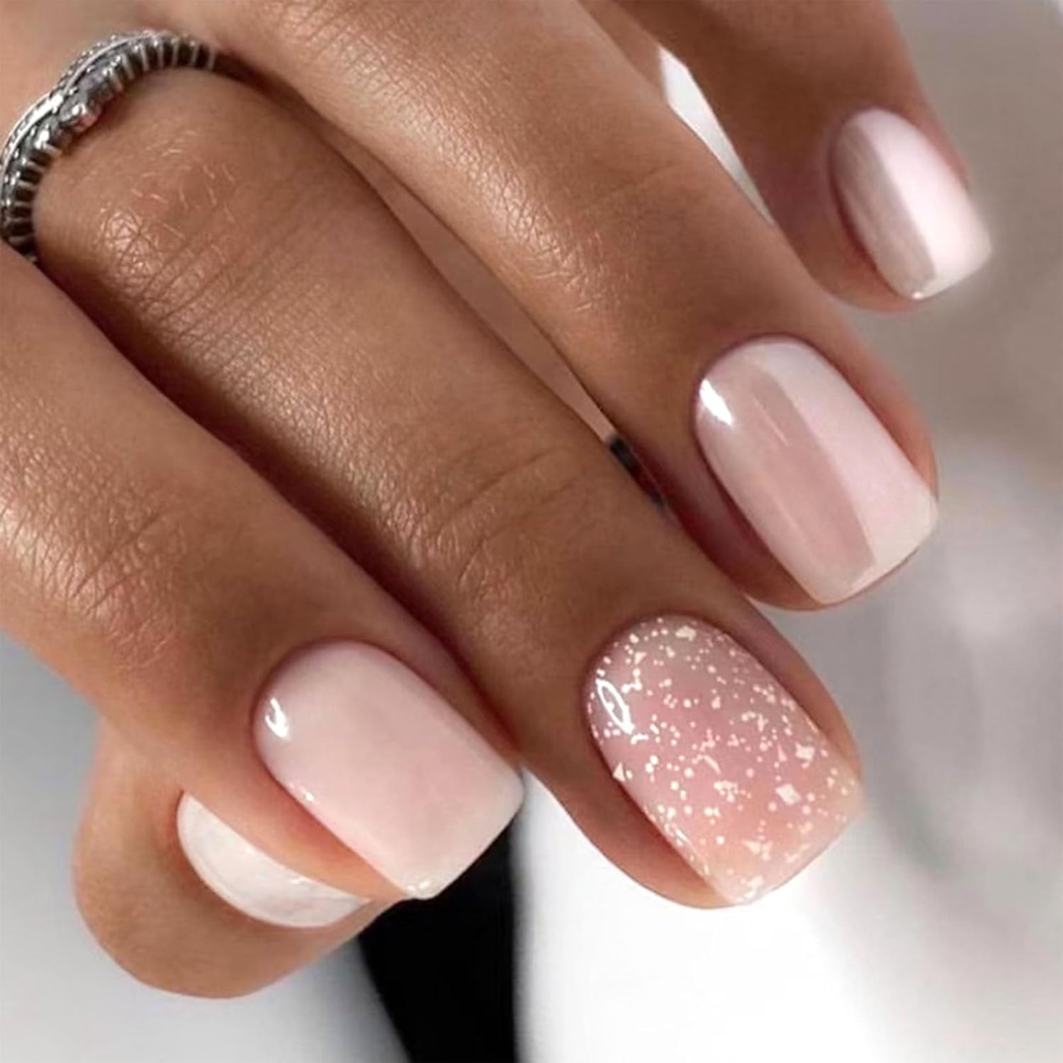 Short Press on Nails Square Nude Ombre Fake Nails Press ons White Glue Stick on Nails with Designs Full Cover Acrylic Glossy Artificial Cute False Nail for Women Girls 24 Pcs : Beauty & Personal Care