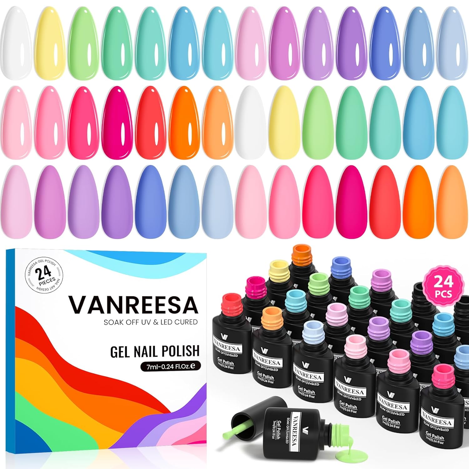 VANREESA 24 Pcs Pastel Gel Nail Polish Set. 21 Colors Spring & Summer Gel Polish with Base Coat Glossy & Matte Top Coat Yellow Green Blue Pink Purple Orange Gel Polish Kit Nail Kit Gifts for Women : Beauty & Personal Care