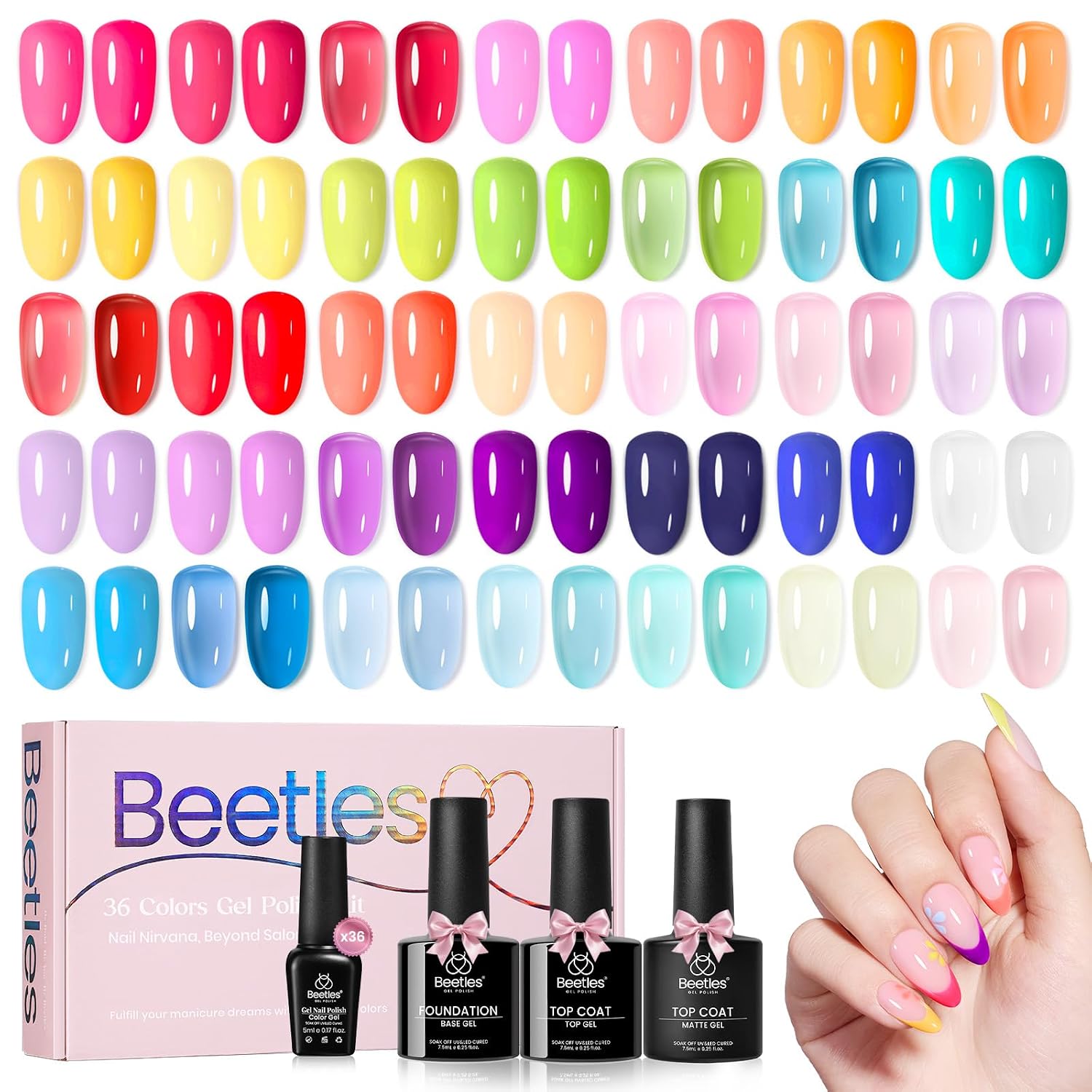 Beetles Summer Gel Polish Set - 36 Colors Bright Neon Gel Nail Polish Pink Orange Red Green Blue 4th of July Nail Polish with 4Pcs Base Top Coat Soak Off Colorful Collection UV Nail Gel : Beauty & Personal Care