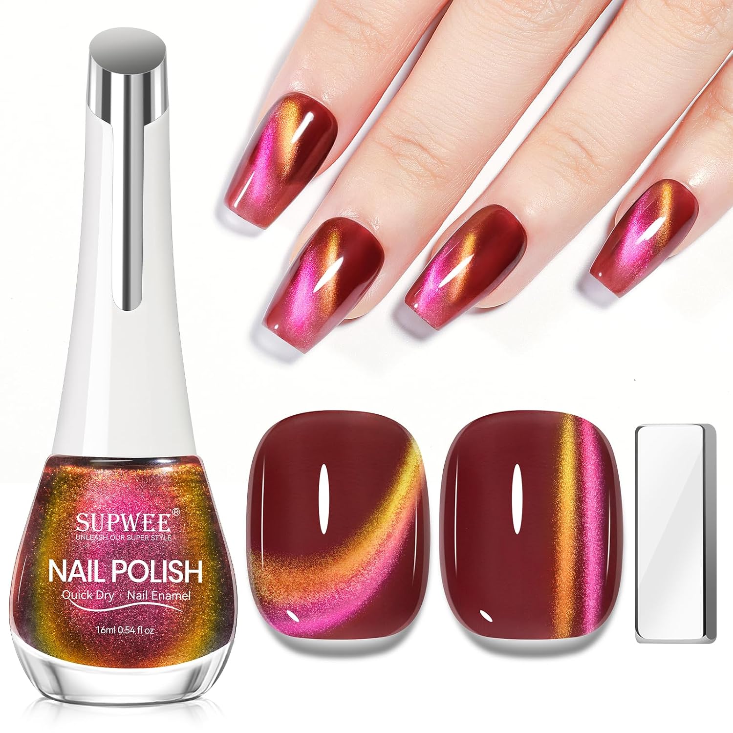 SUPWEE Cat Eye Nail Polish Non Gel with Magnet- Need to Use Black Base. Quick Dry Cateye Magnetic Nail Polish for Fingernail Air Drying Fast Lacquer Manicure Gift For Women Girls 16ml. 0.54fl oz : Beauty & Personal Care