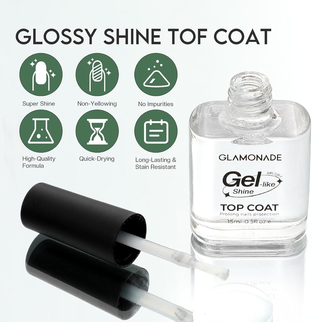 Glamonade Top Coat Nail Polish Clear: Quick Dry Nail Polish No Chip High Shine Long Lasting Glossy Fast Air Dry Top Coat for Nail Art Manicure Salon Quality : Beauty & Personal Care