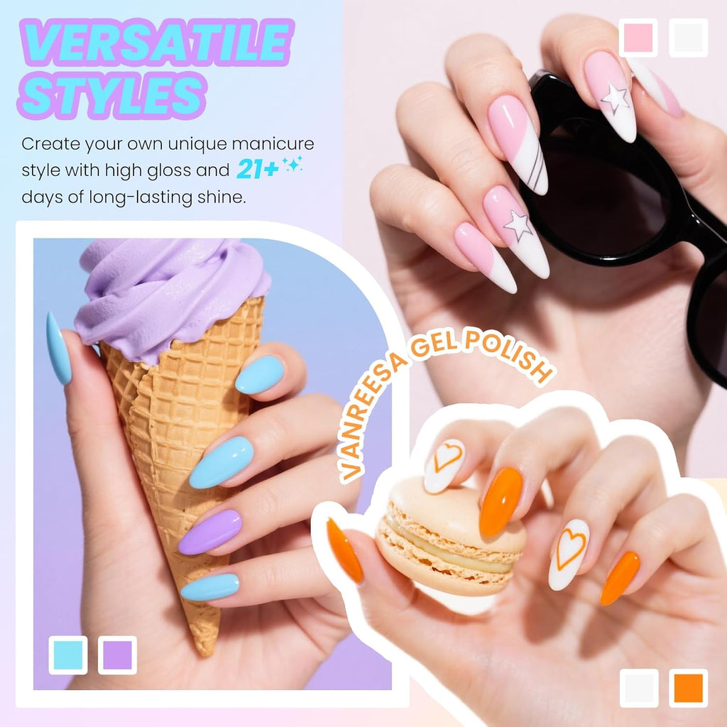 VANREESA 24 Pcs Pastel Gel Nail Polish Set. 21 Colors Spring & Summer Gel Polish with Base Coat Glossy & Matte Top Coat Yellow Green Blue Pink Purple Orange Gel Polish Kit Nail Kit Gifts for Women : Beauty & Personal Care